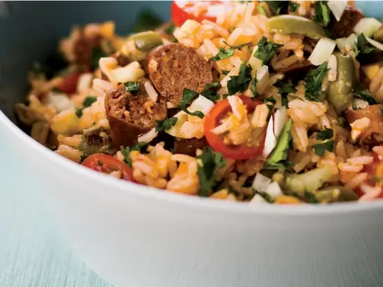Rice Salad with Merguez and Preserved Lemon Dressing