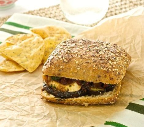 Roasted Eggplant Sandwich with Fresh Mozzarella, Tapenade, and Spinach Pesto