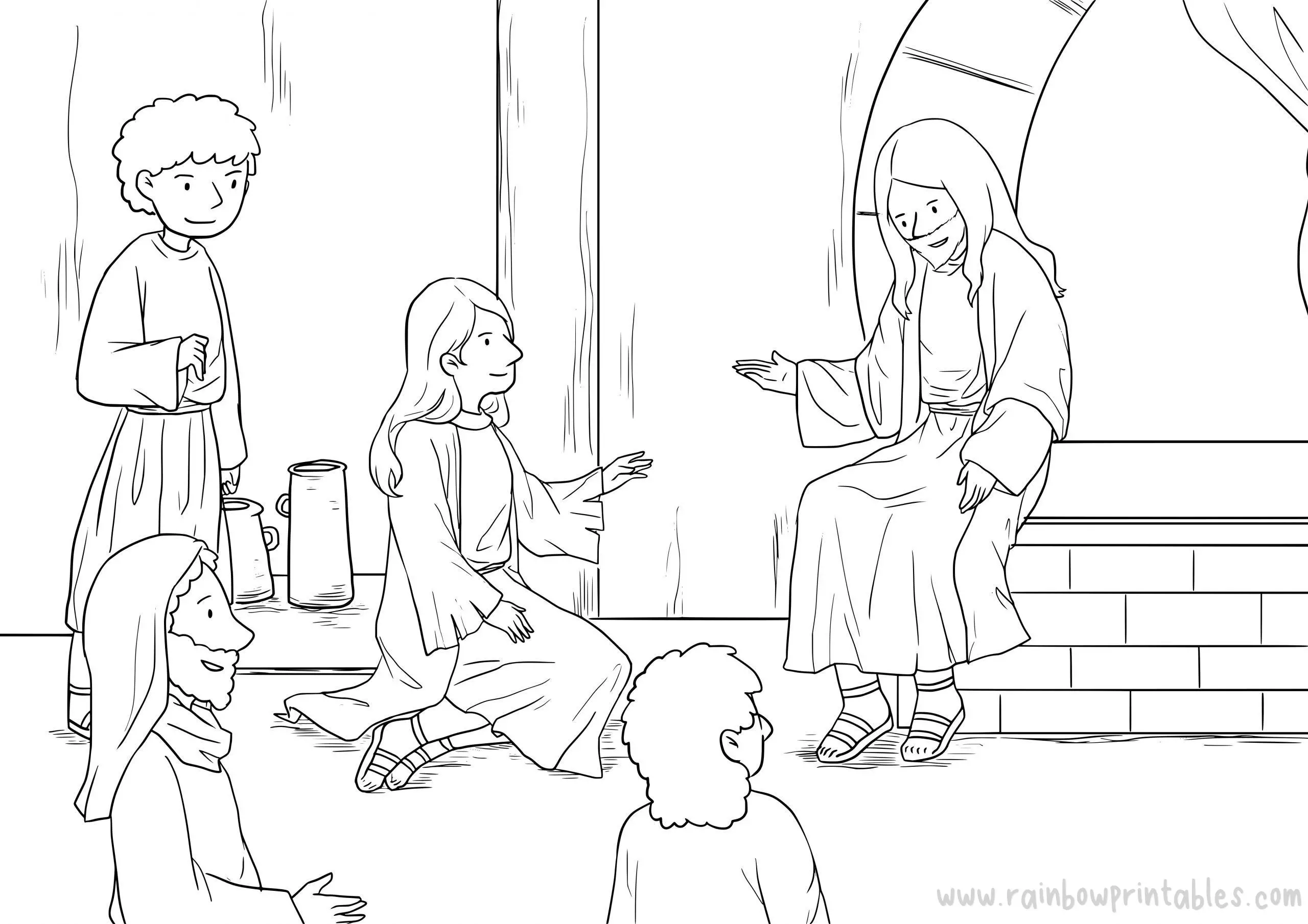Luke 10:38-42 Martha Mary-Bible-Theme-Coloring-Pages-Story-Bible-Art-for-Kids-Children-Religious-Christian-Art-Sheet
