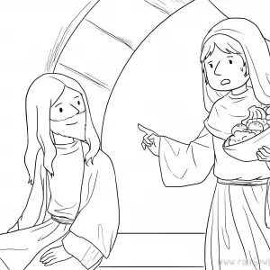 Luke 10:38-42 Martha Mary-Bible-Theme-Coloring-Pages-Story-Bible-Art-for-Kids-Children-Religious-Christian-Art-Sheet