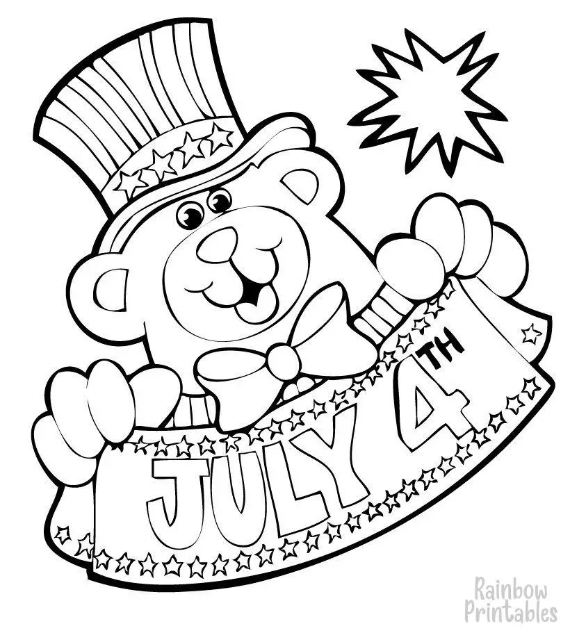 Teddy Bear Fireworks American USA Flag 4th of July Free Clipart Public Domain Coloring Pages Line Art Drawings for Kids