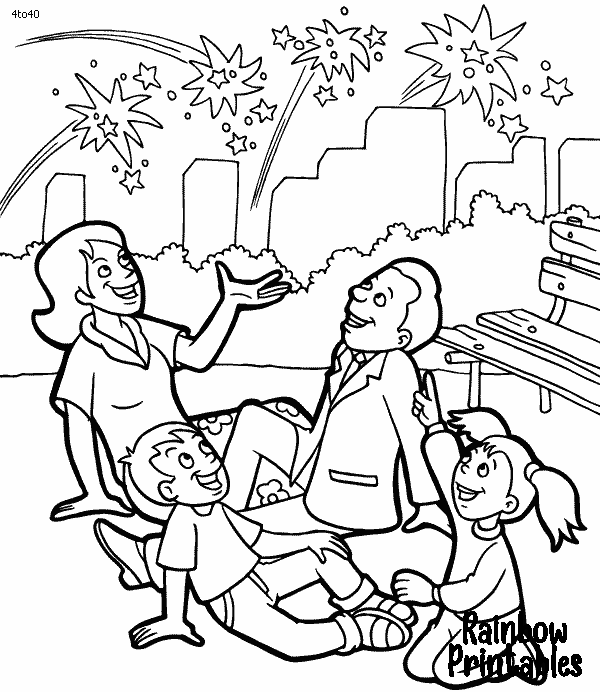 4th-of-July-Fireworks Family in the Park - American USA Flag 4th of July Free Clipart Public Domain Coloring Pages Line Art Drawings for Kids-