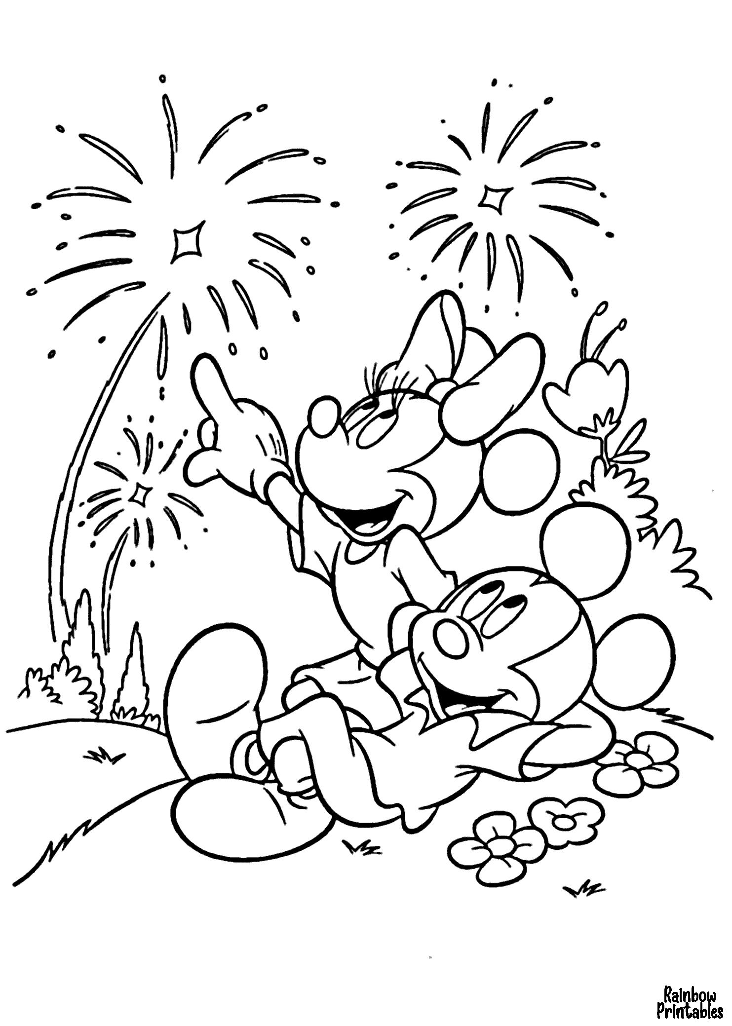 Micky Minnie Mouse Fireworks American USA Flag 4th of July Free Clipart Public Domain Coloring Pages Line Art Drawings for Kids-