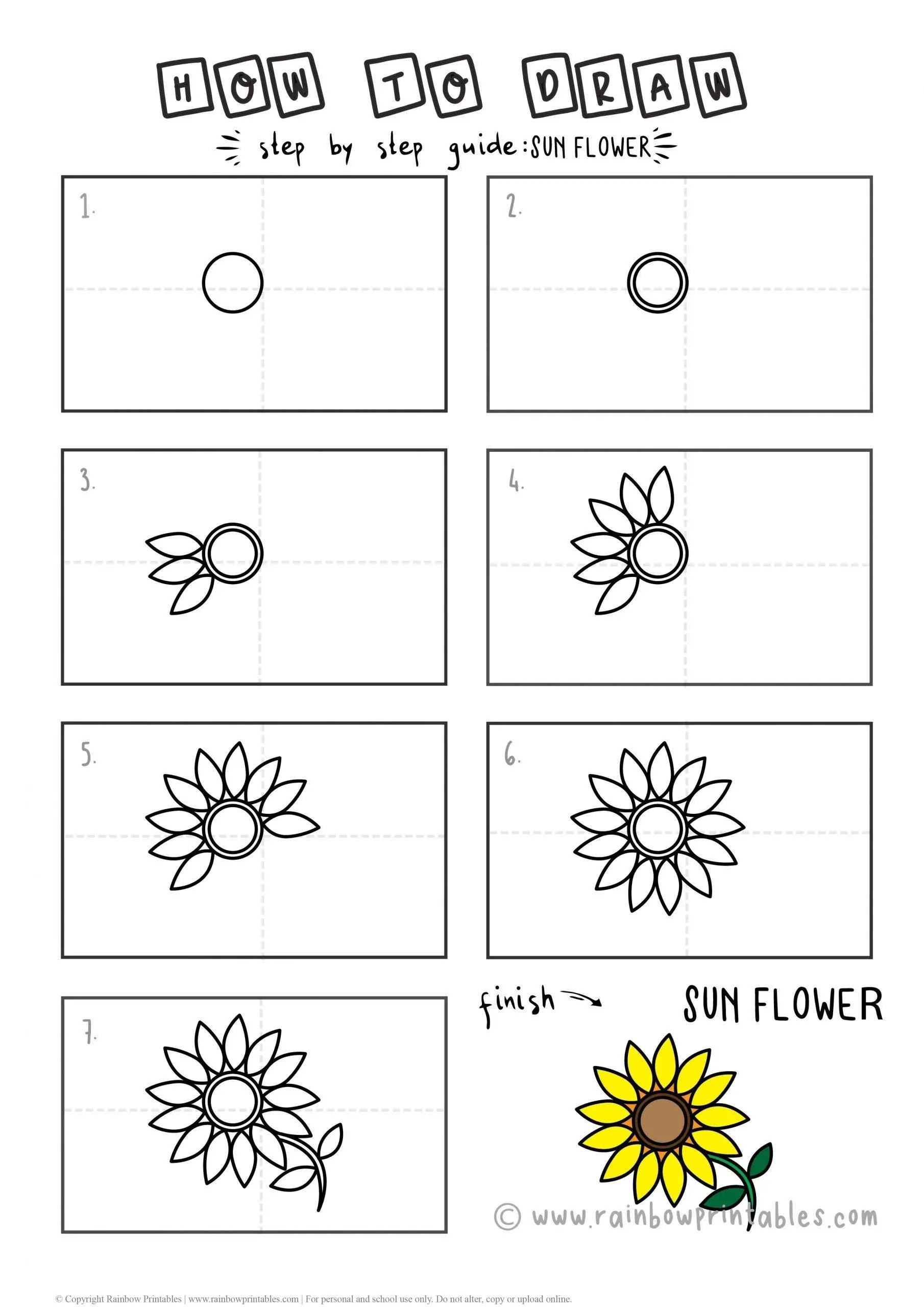 Draw a cute sunflower! Learn how to draw a sunflower in 8 smart steps for preschoolers and k-5 elementary school age students. Your kids will learn to: expand their artistic repertoire, encourage fine motor skills, practice the logical order of 3d objects to 2d shapes. Beginners drawing tips, easy drawing, drawing techniques for children, drawing ideas, simple doodles, simple drawing, #howtodraw #drawingtips Tutorial Guides for Kids, Art Project Ideas for Children.