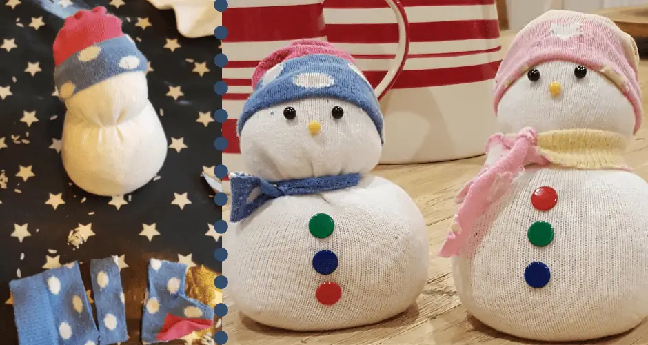 snowmen made with old socks and buttons