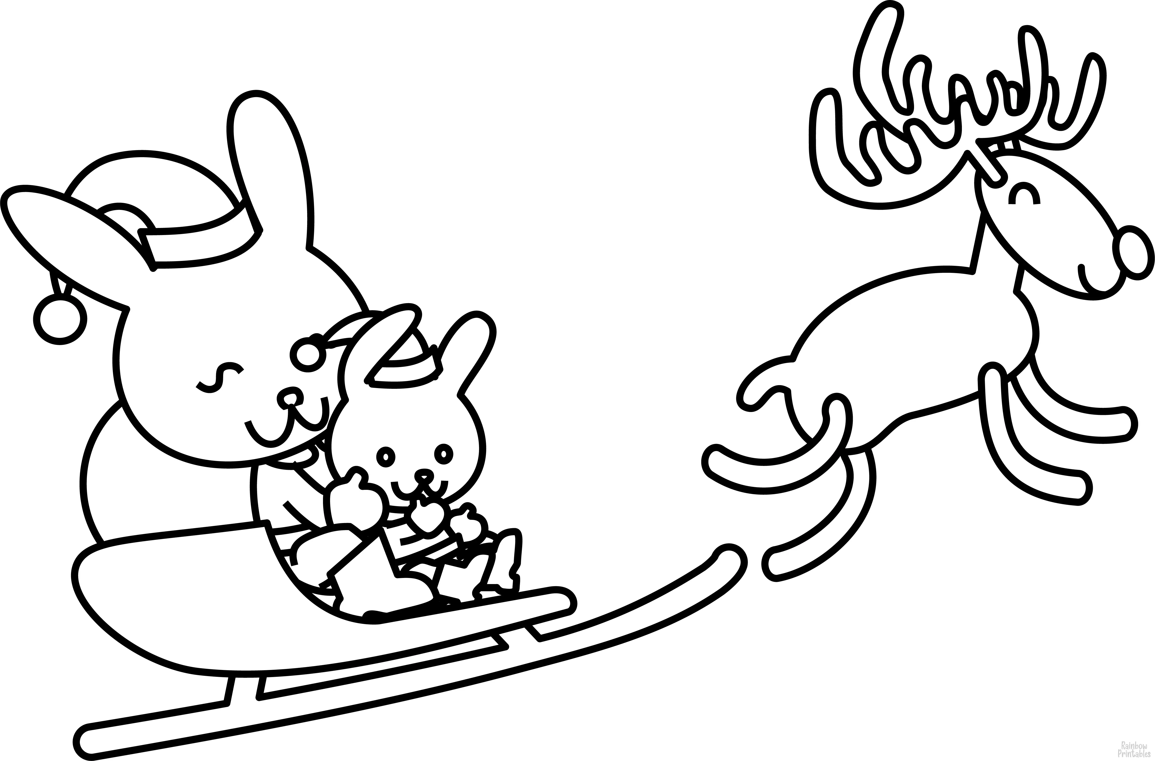 Bunny Santa Riding on Sled with Flying Reindeer Coloring Book Page Sheets for Kids Activity