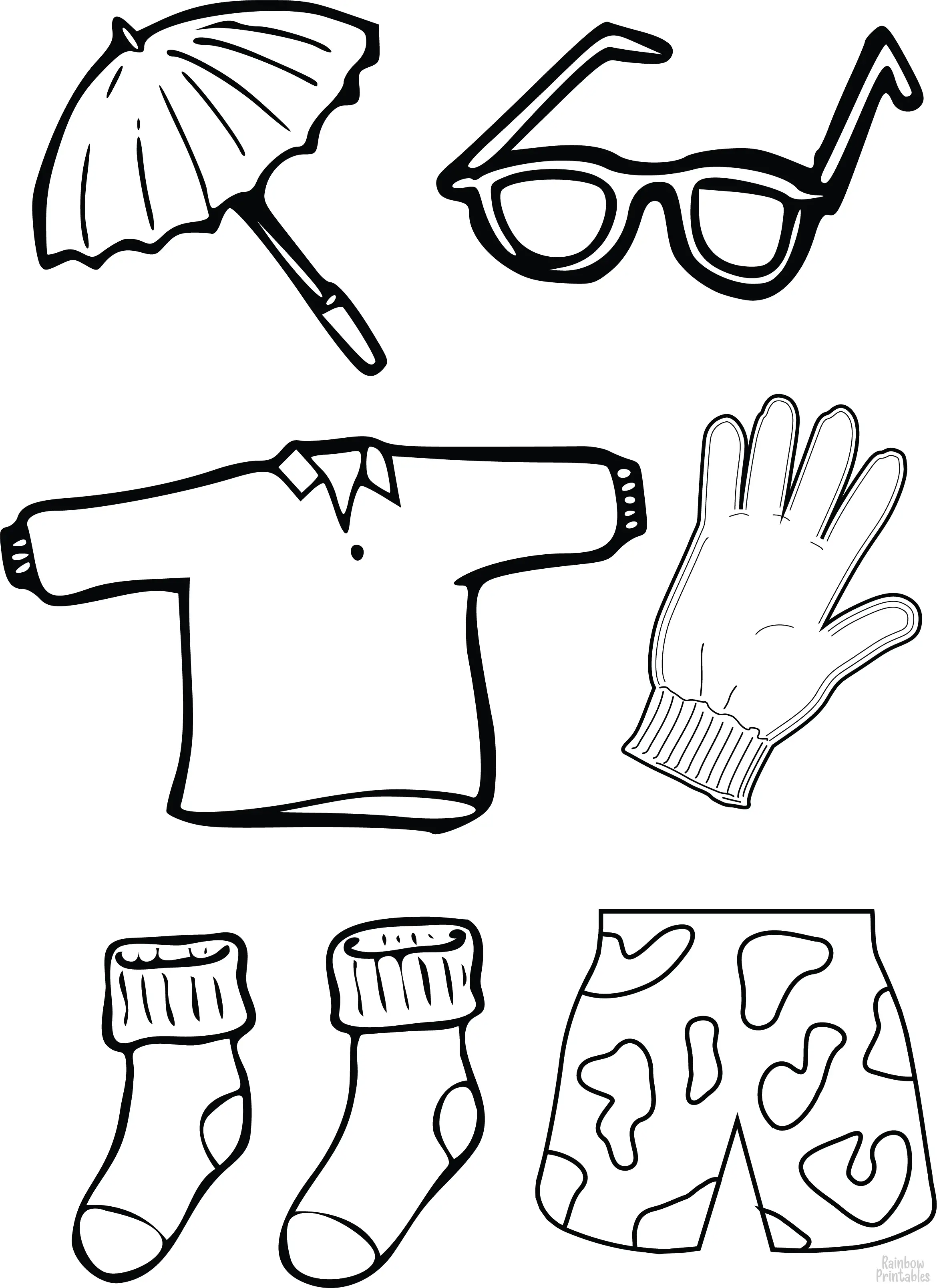 Clothing Set Shirt Socks Glove Umbrella Sun Glasses Coloring Activity Pages for Kids
