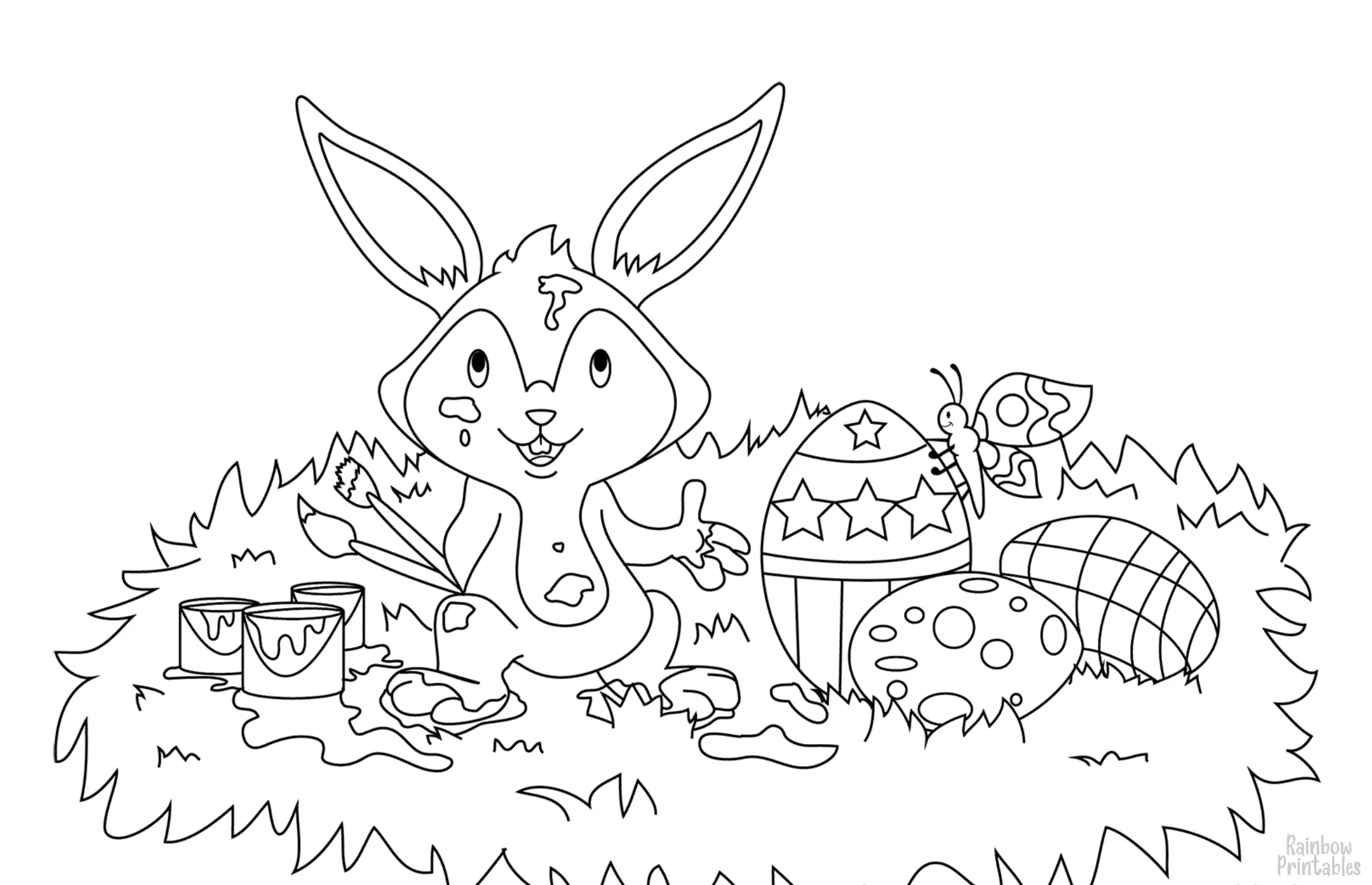 Line Drawing Cartoon White Bunny Rabbit Painting Easter Egg Coloring Page Activity for Kids