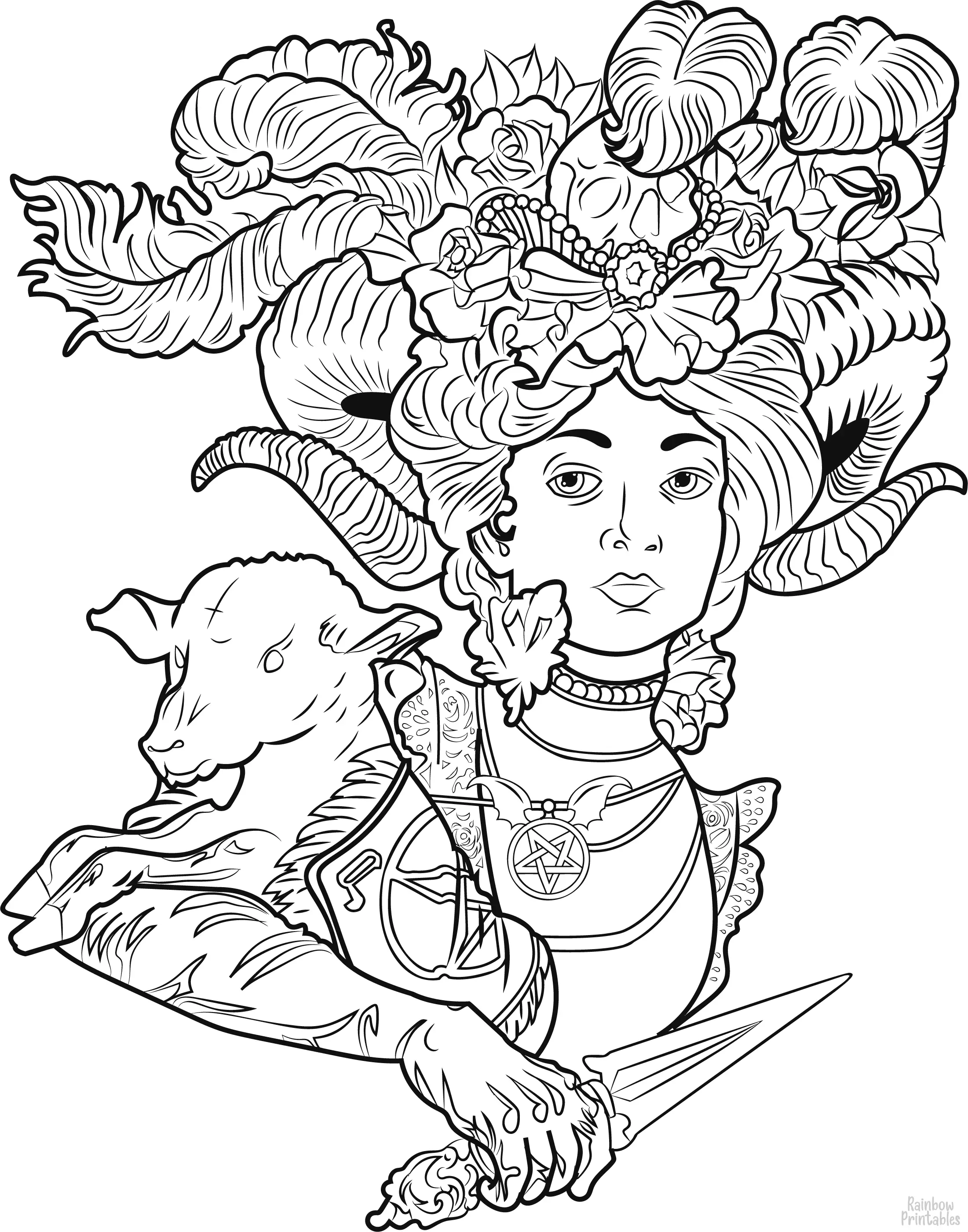 Fantasy Witch Pentagram Sorceress Demon Lady Coloring Page for Kids