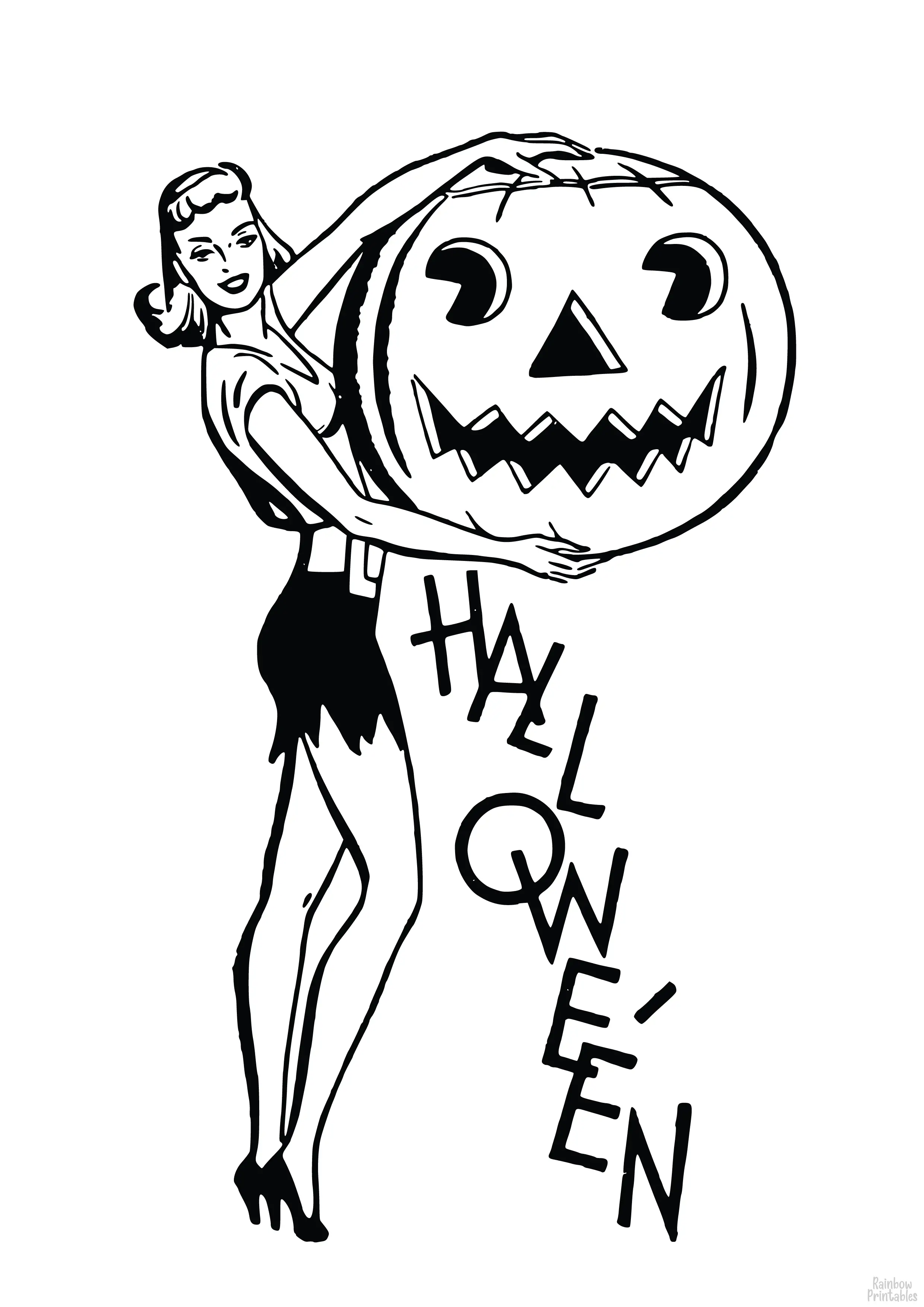 Woman With Pumpkin Halloween Line Art Drawing Set Free Activity Coloring Pages for Kids-02