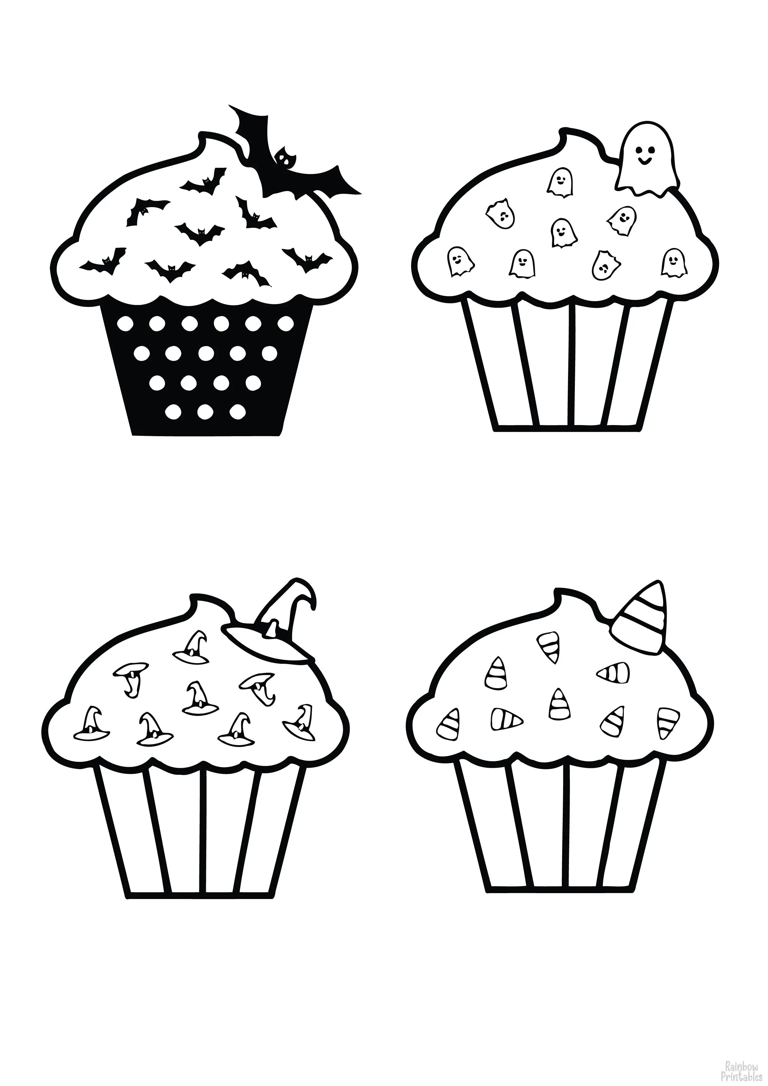 HALLOWEEN CUPCAKE Line Art Drawing Set Free Activity Coloring Pages for Kids