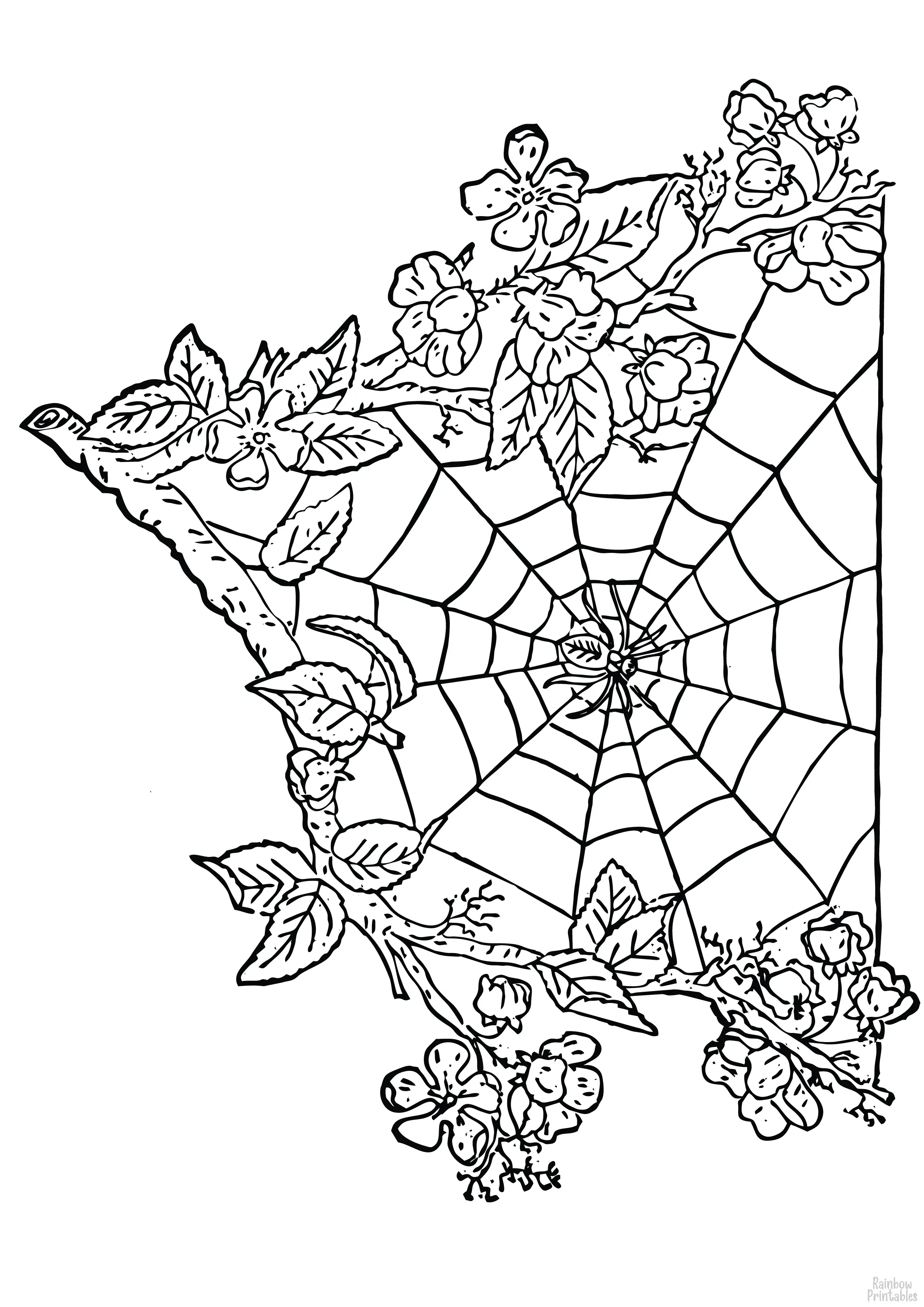 WEB FLOWERS TREES SPIDER Line Art Drawing Set Free Activity Coloring Pages for Kids