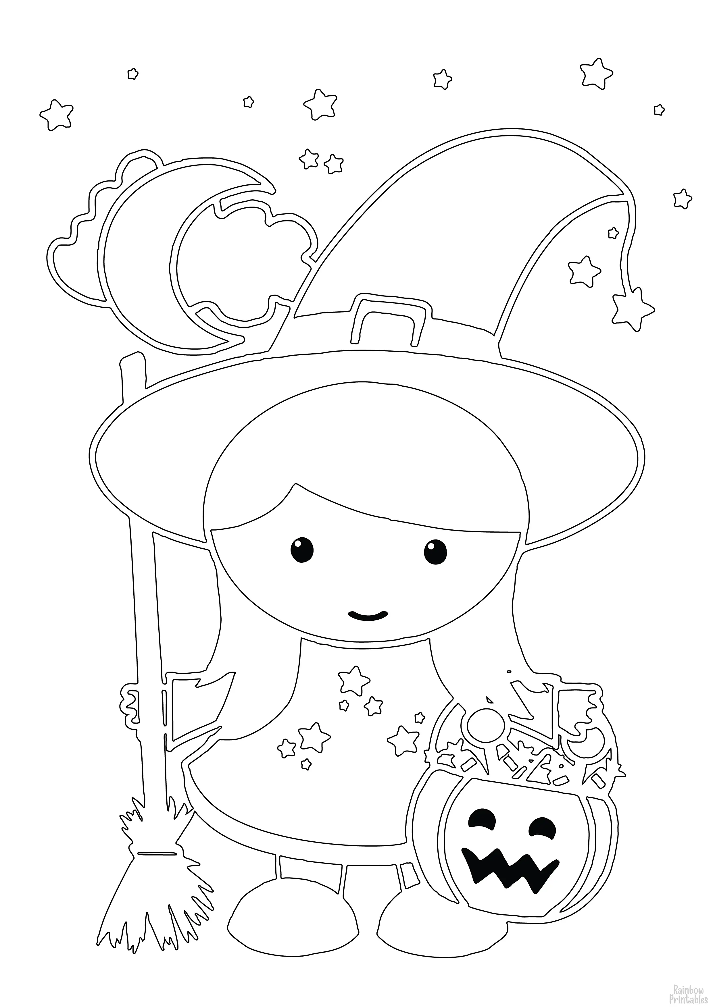 TRICK OR TREAT GIRL CANDY BUCKET Line Art Drawing Set Free Activity Coloring Pages for Kids