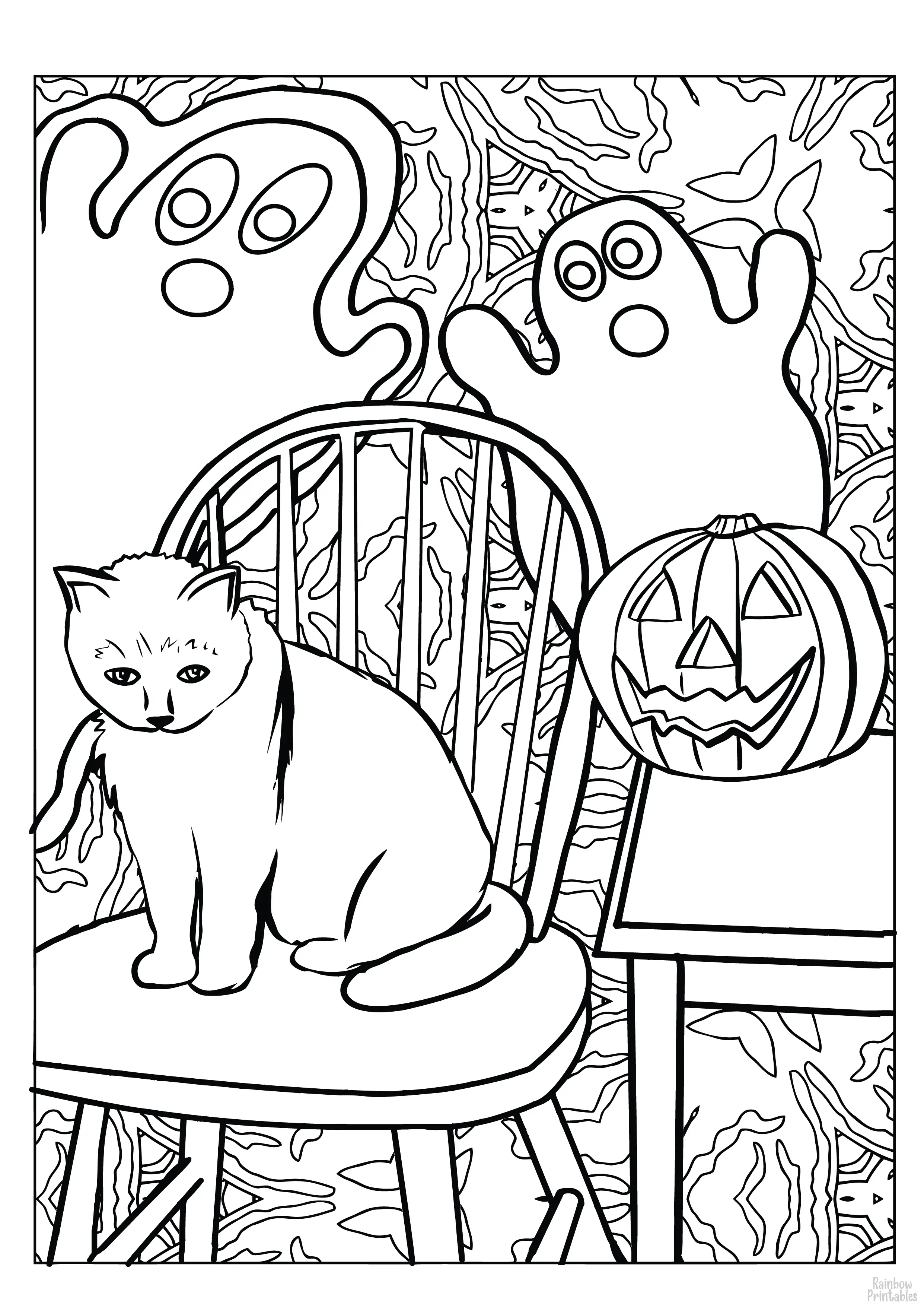 CATS AND GHOSTS MANDALA Line Art Drawing Set Free Activity Coloring Pages for Kids