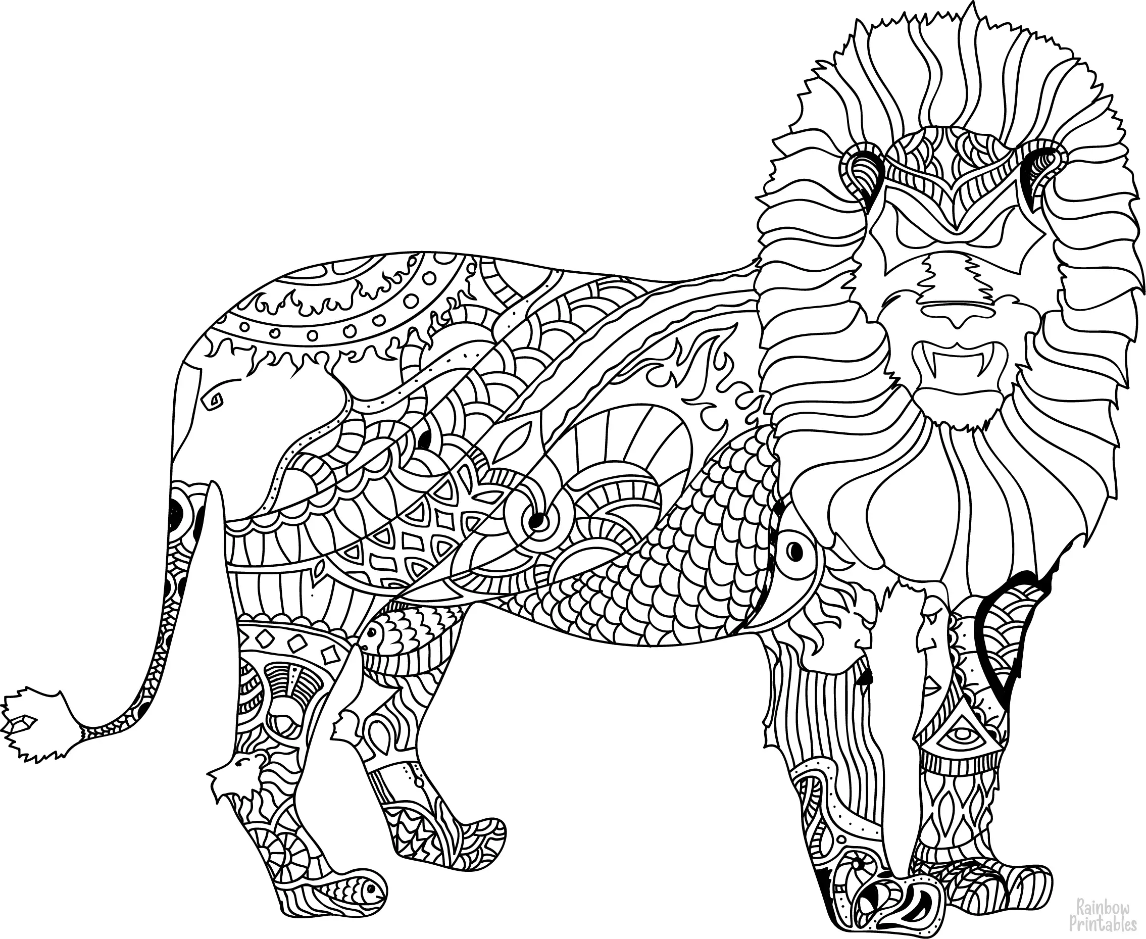 LION DRAWING Mandala Coloring Pages for Kids Adults Boredom Art Activities Line Art