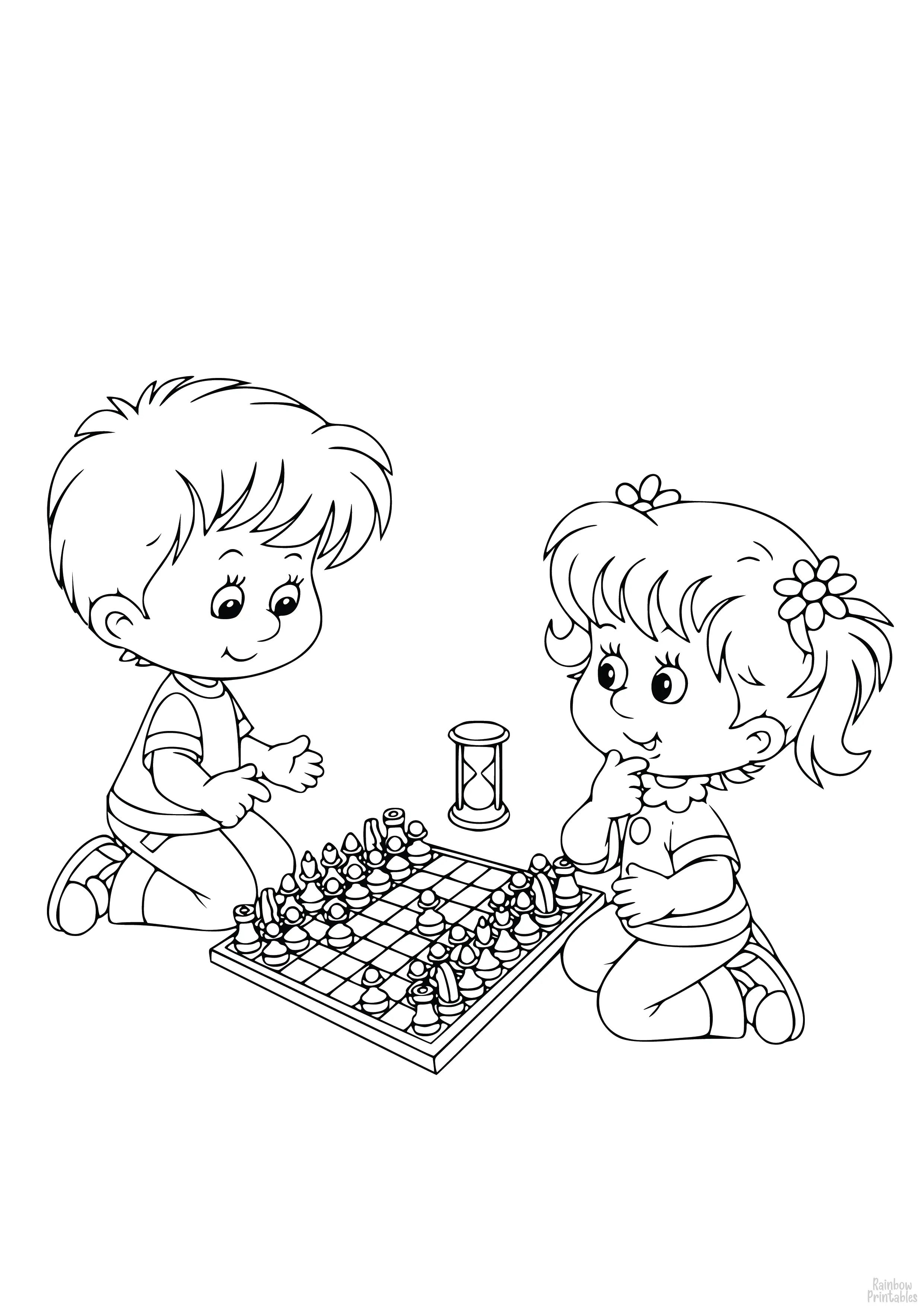 Kids Playing Chess People Free Clipart Coloring Pages for Kids Adults Art Activities Line Art-03