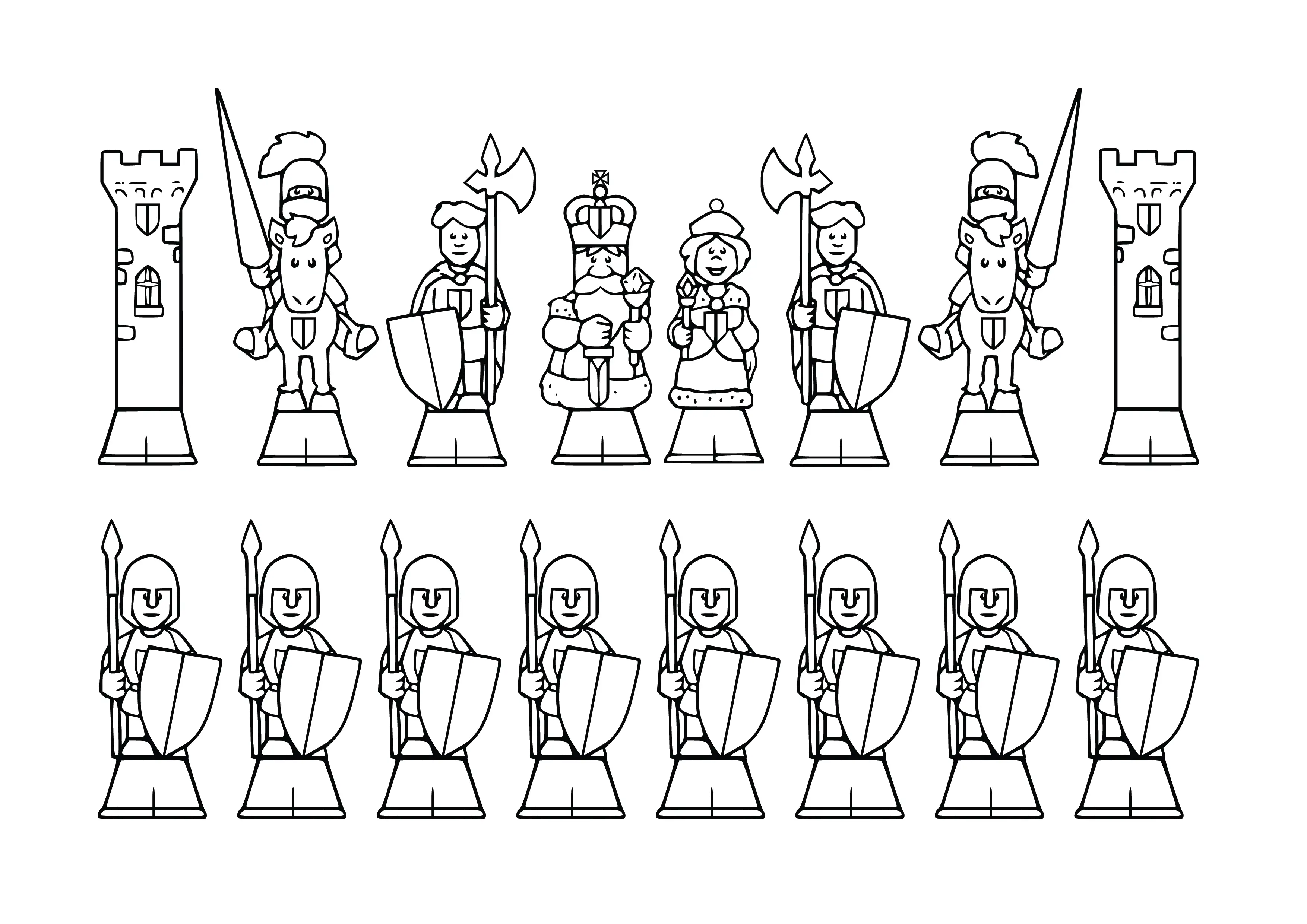 Full Set CHESS PIECES KNIGHTS SOLDIERS Clipart Coloring Pages for Kids Art Activities Line Art