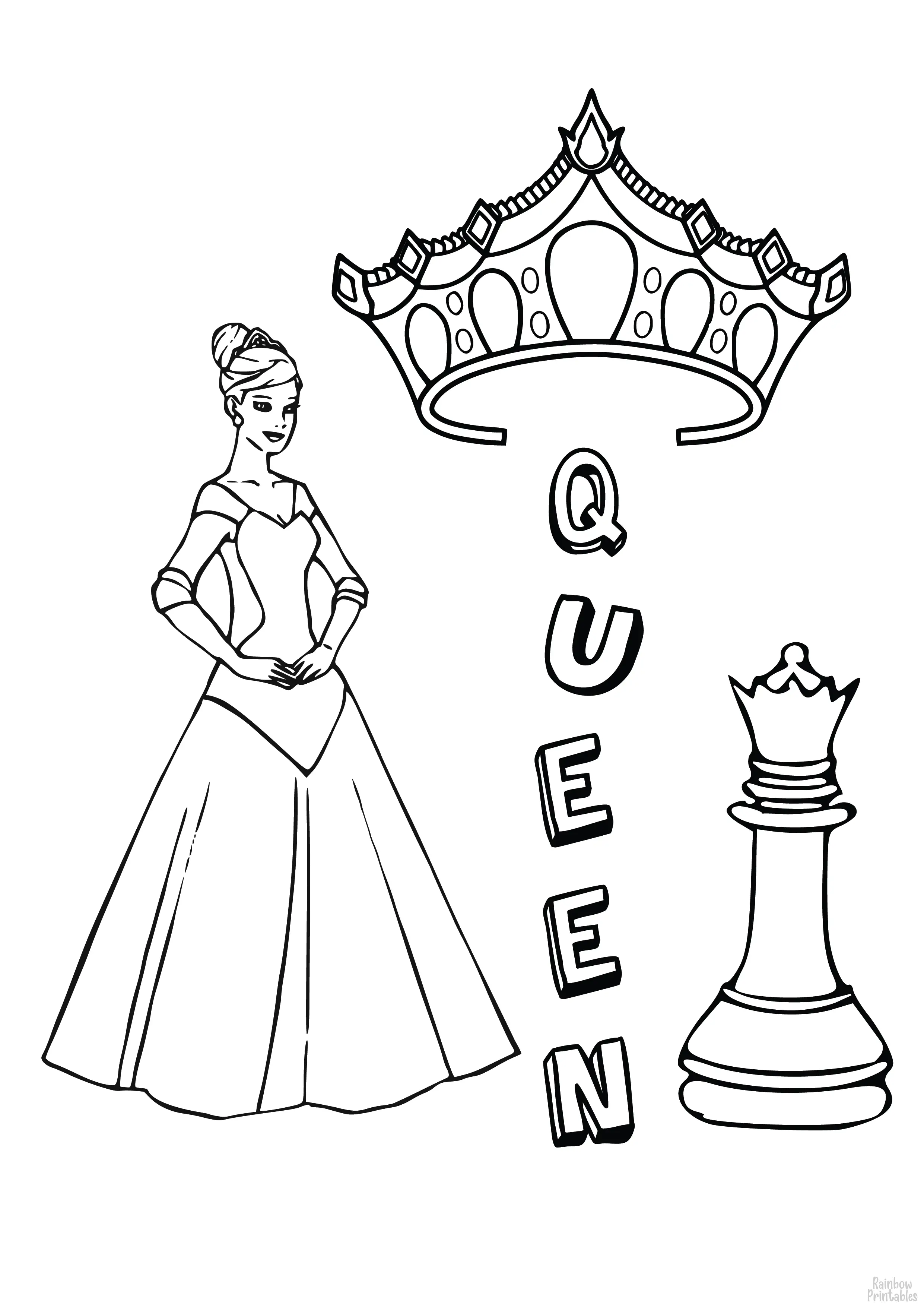 QUEEN CROWN CHESS PIECE Free Clipart Coloring Pages for Kids Adults Art Activities Line Art