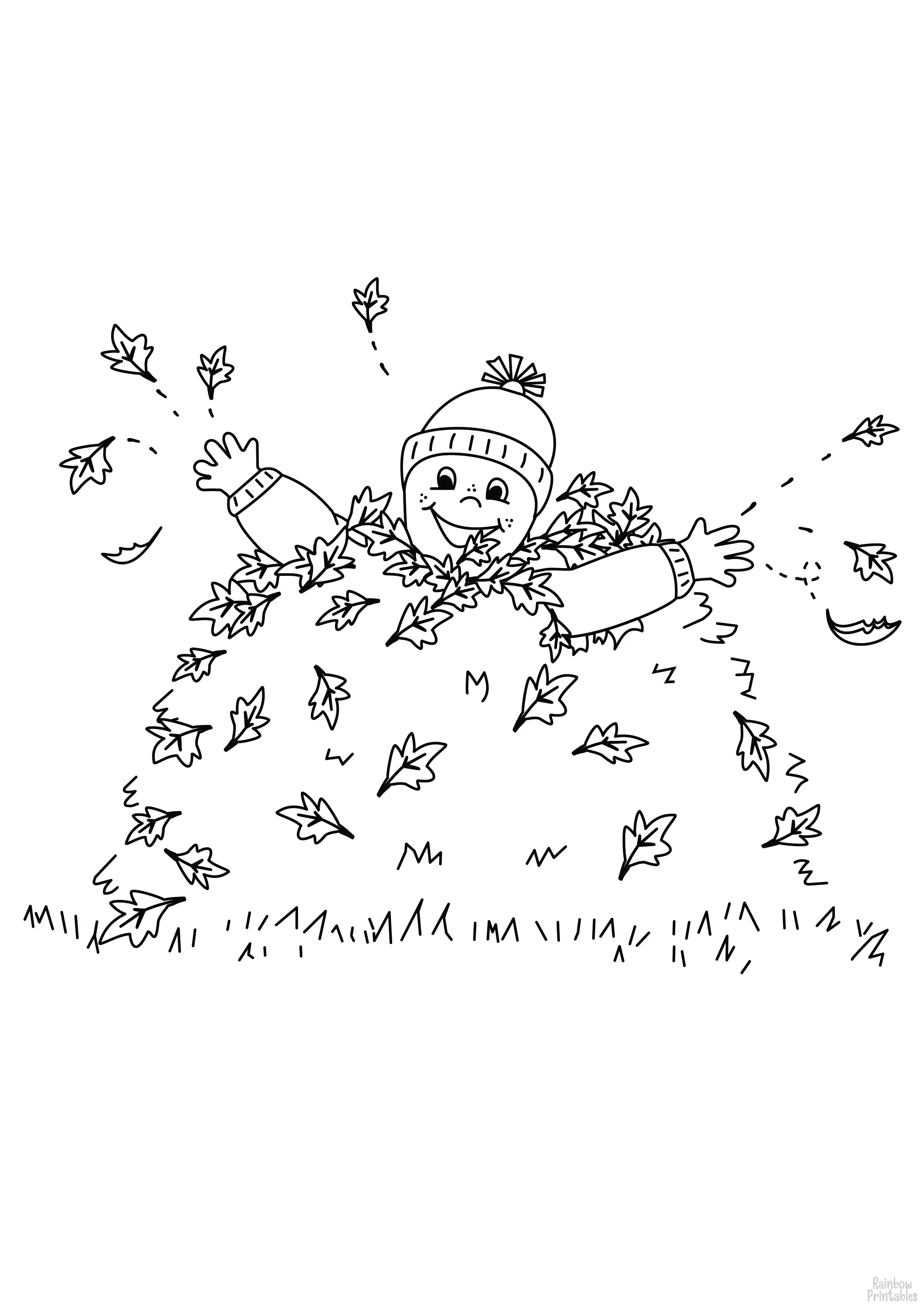 Kid Playing in Fall Leaves Free Clipart Coloring Pages for Kids Art Activities Line Art-03