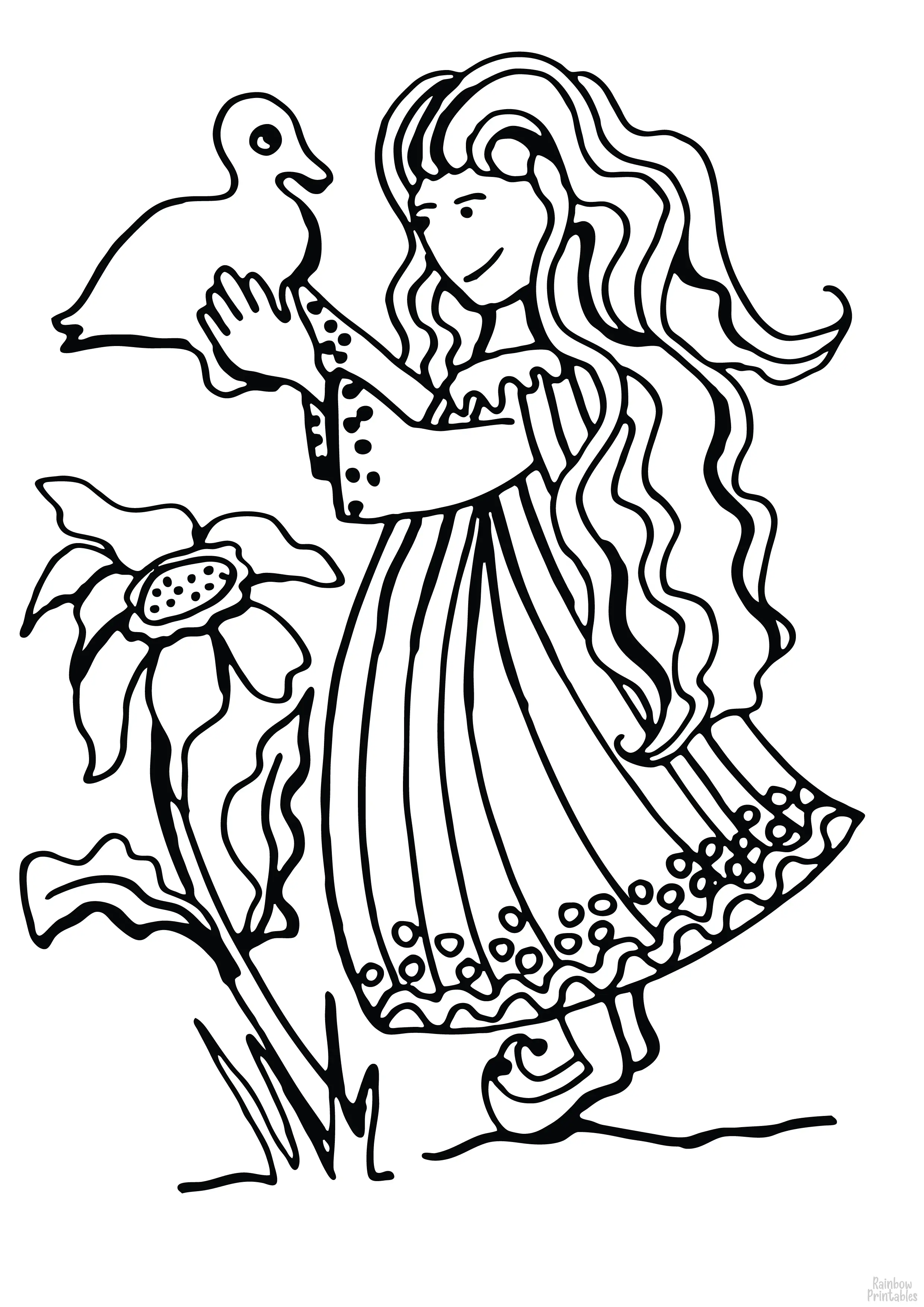 Cartoon Lady holding DUCK Flower Clipart Coloring Pages for Kids Art Activities Line Art