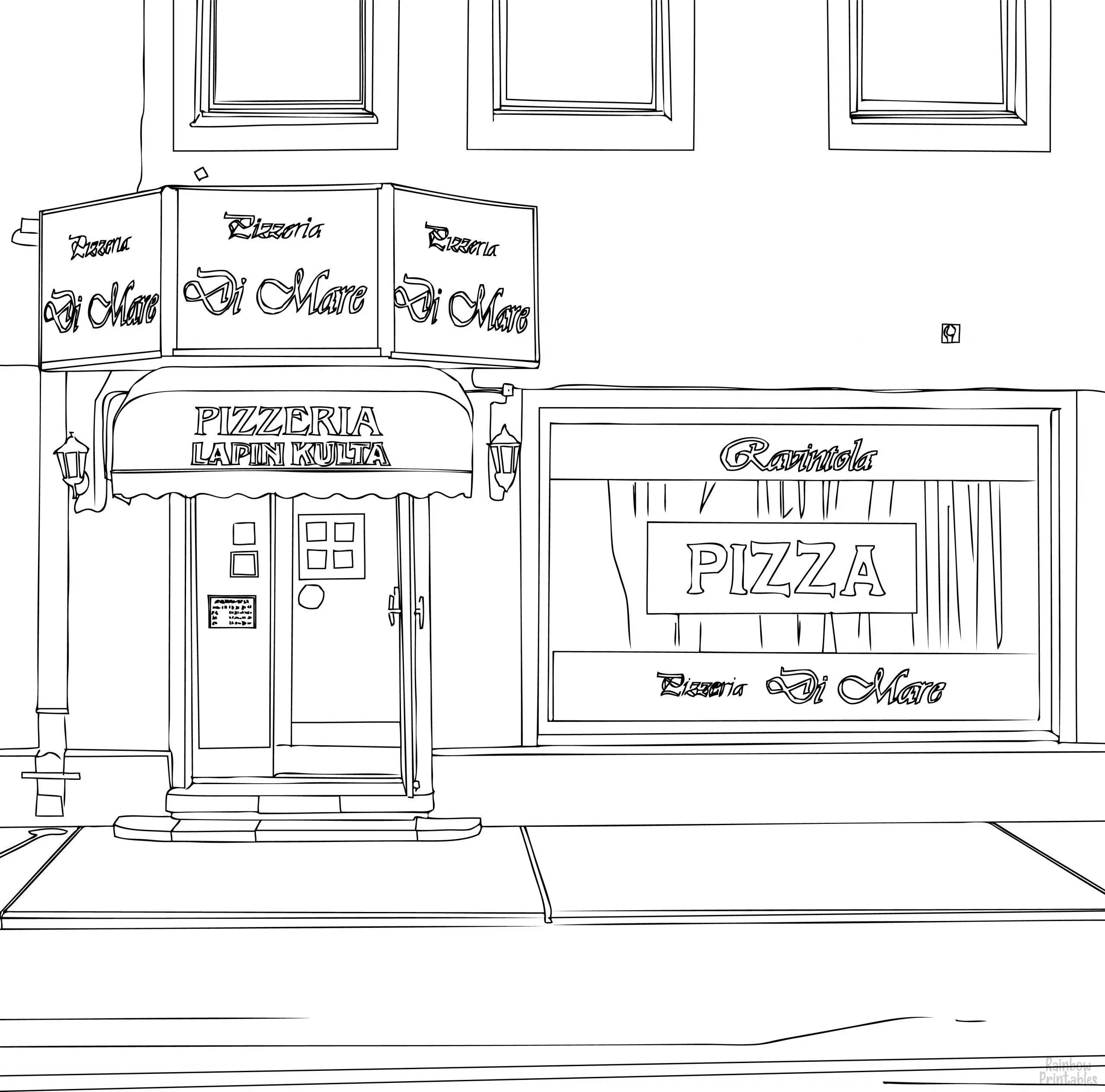 Line Drawing Pizzeria entrance in New York Coloring Page for Kids