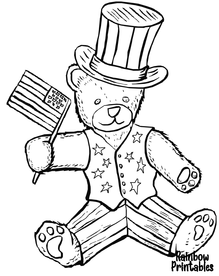 CUTE CHIBI USA AMERICAN TEDDY BEAR Holding Flag INDEPENDENCE LABOR DAY Clipart Coloring Pages Line Art Drawings for Kids-
