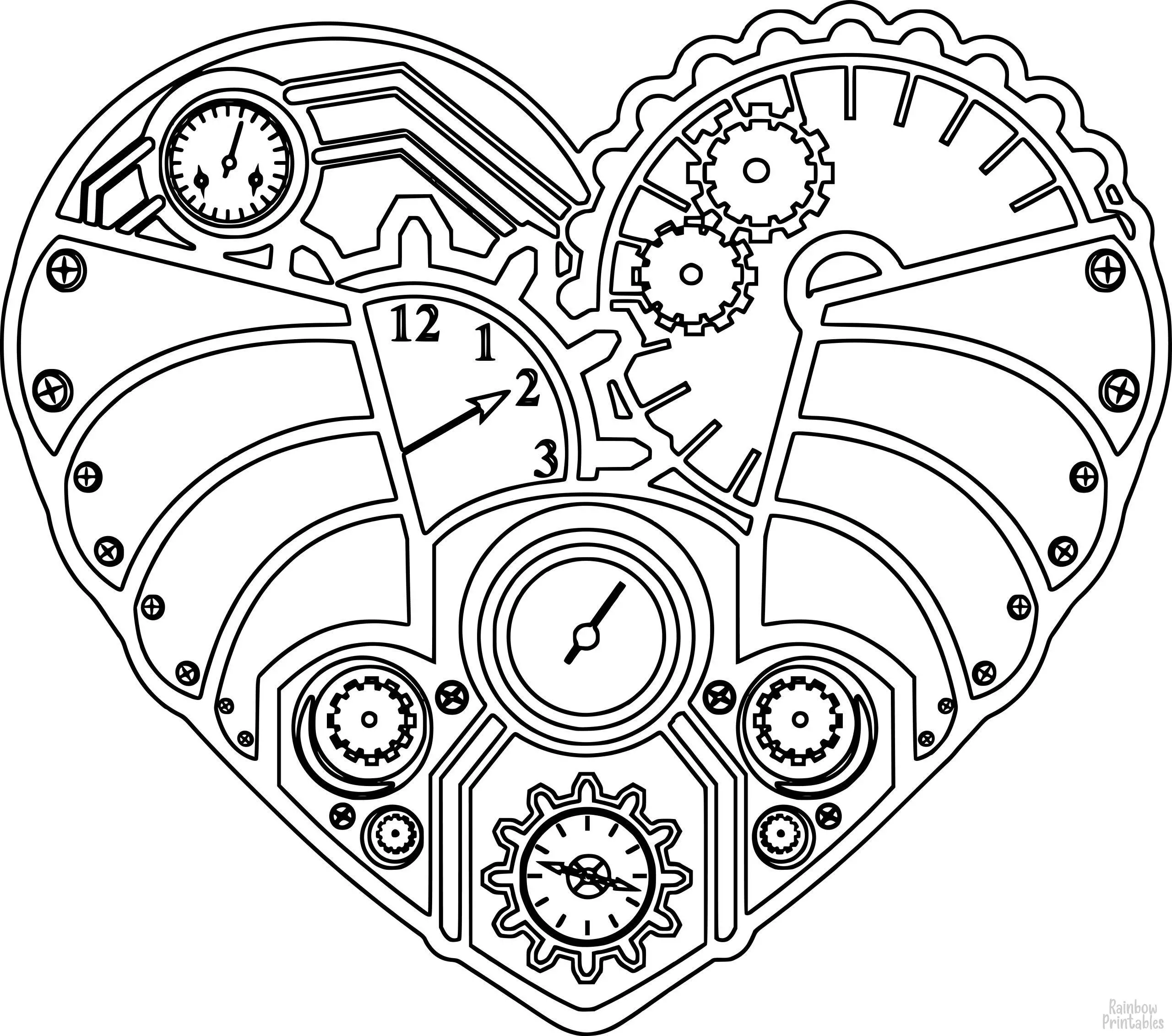 Valentine'sDay-Heart-Clock-Clipart Coloring Pages for Kids Adults Art Activities Line Art