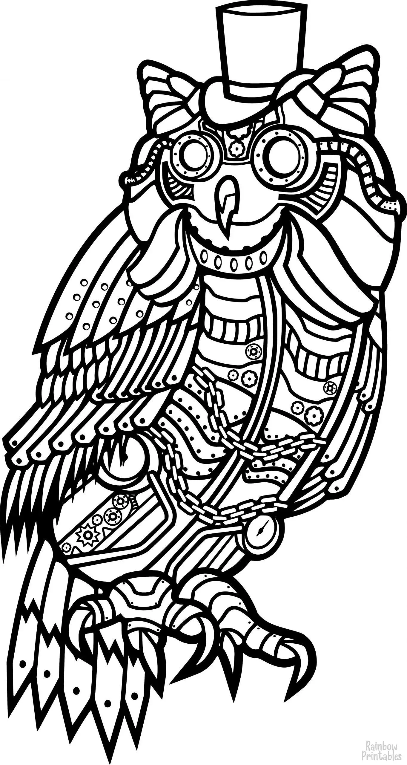 ROBOT OWL Steampunk Style Coloring Pages for Kids Adults Art Activities Line Art