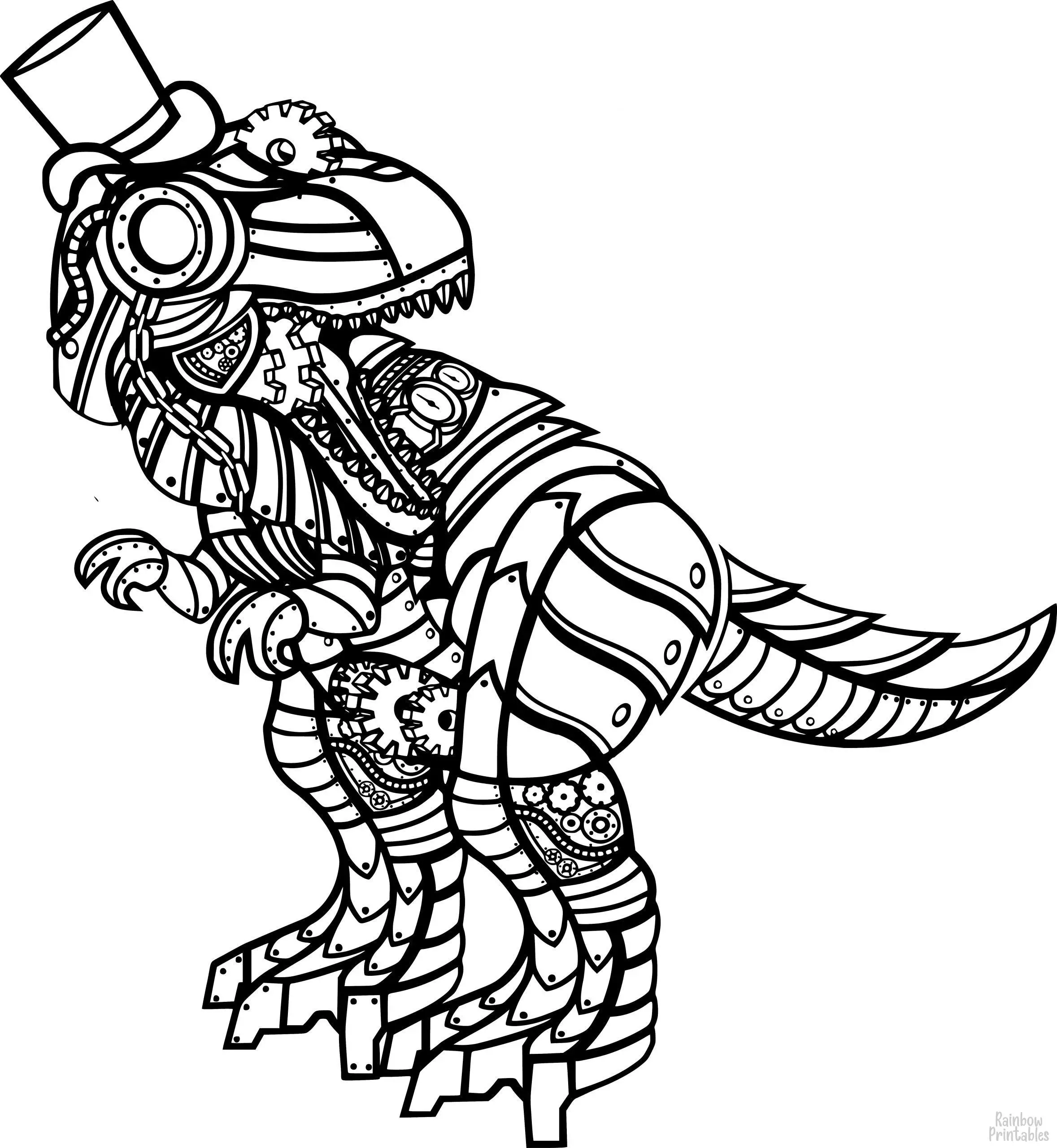 ROBOT Trex T REX Top Hat Steampunk Style Coloring Pages for Kids Adults Art Activities Line Art