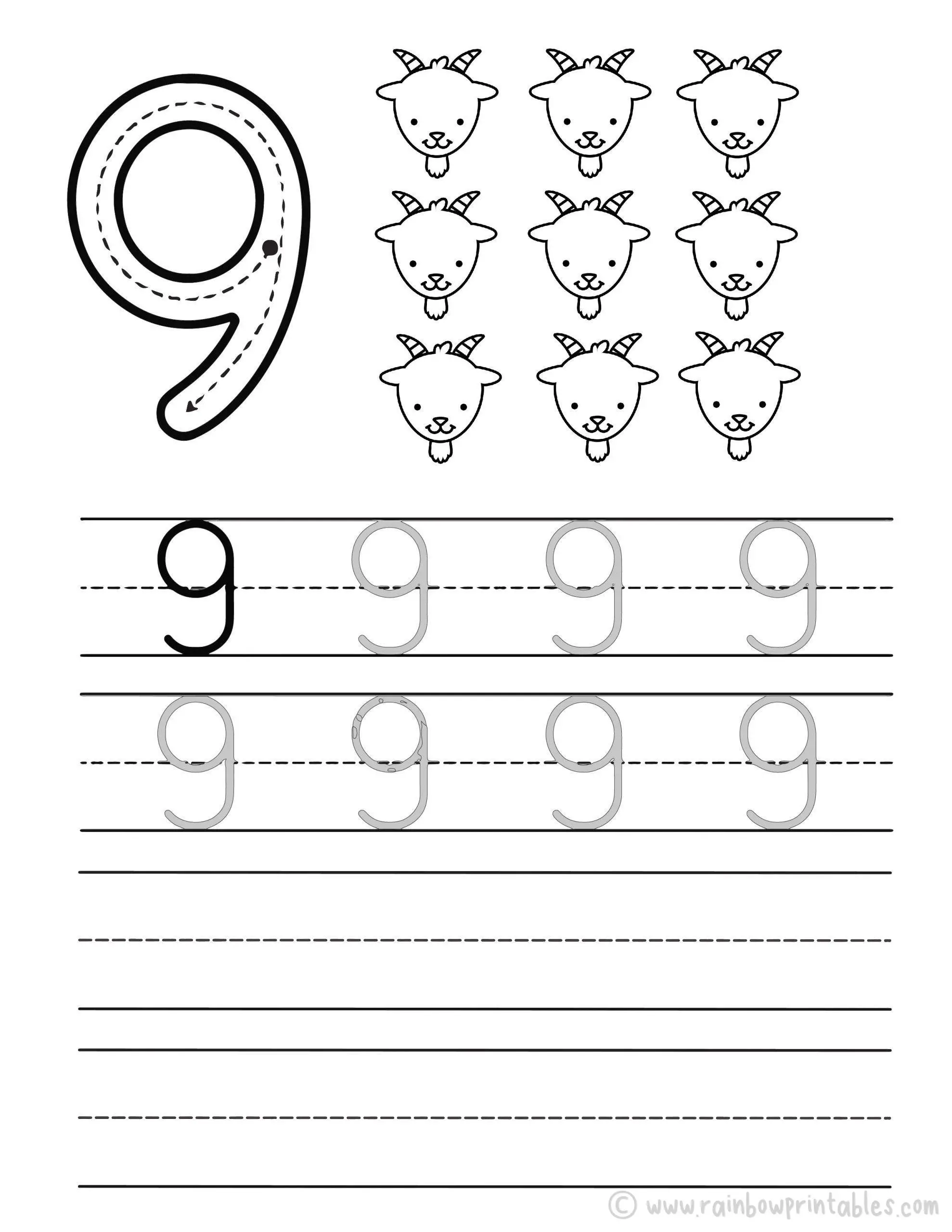 Tracing Number Worksheet for Kids Preschool Kindergarten Math Activities NINE 09