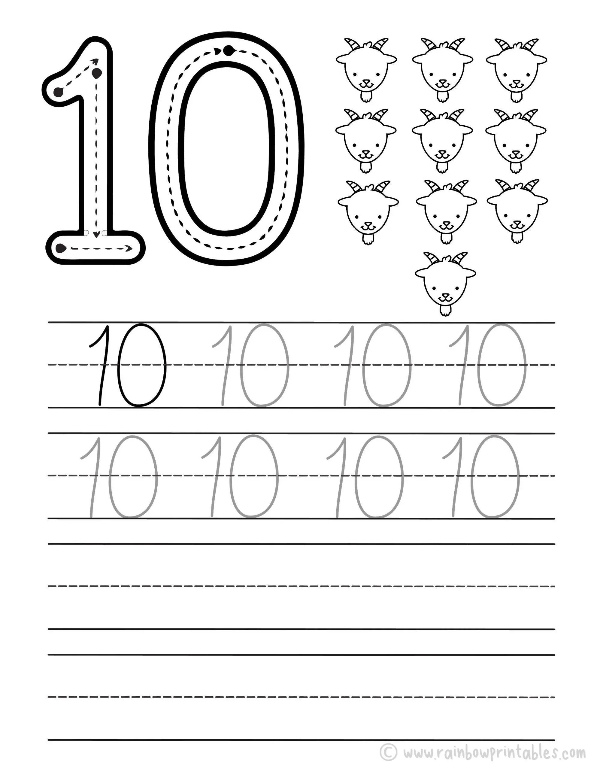Tracing Number Worksheet for Kids Preschool Kindergarten Math Activities TEN 10