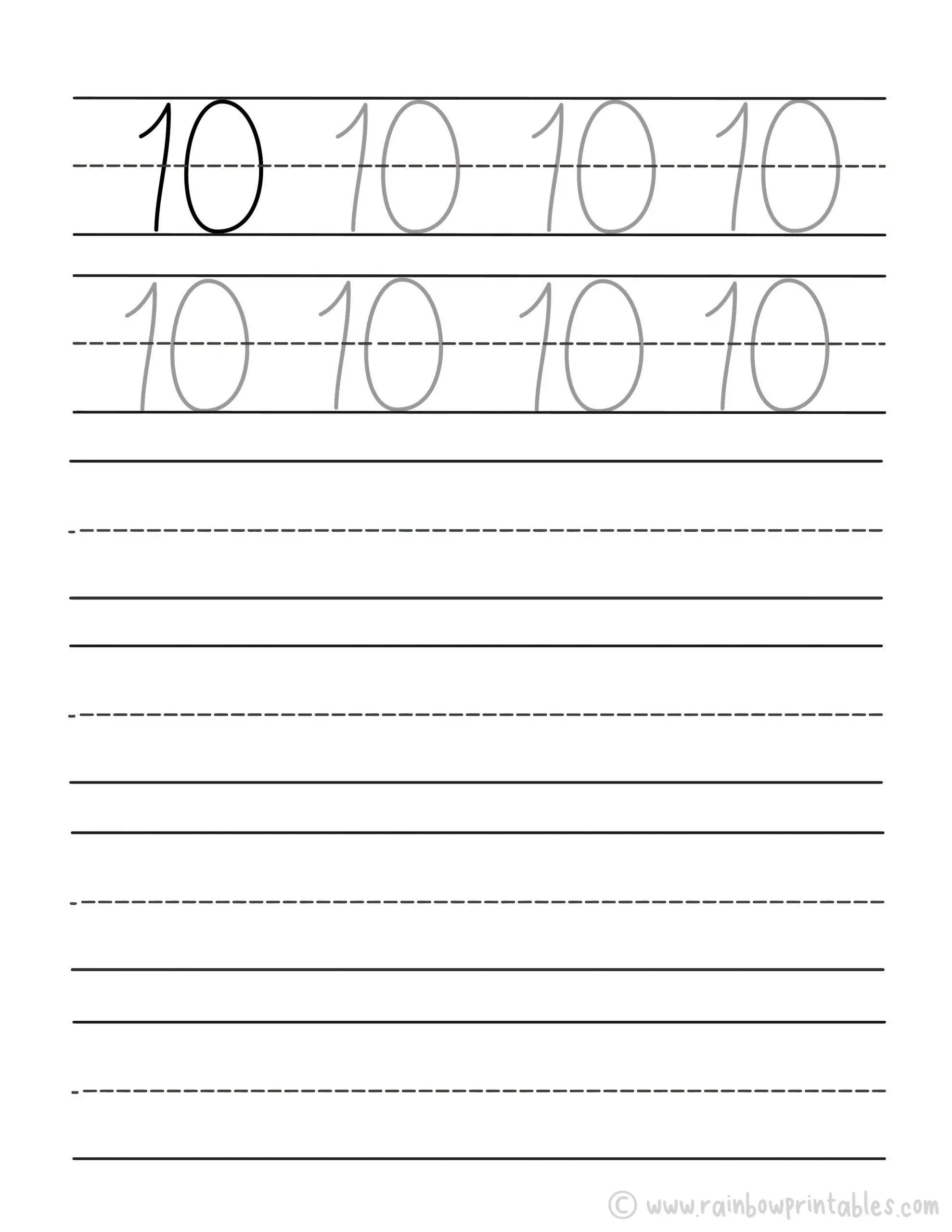 Tracing Number Worksheet for Kids Preschool Kindergarten Math Activities TEN 10