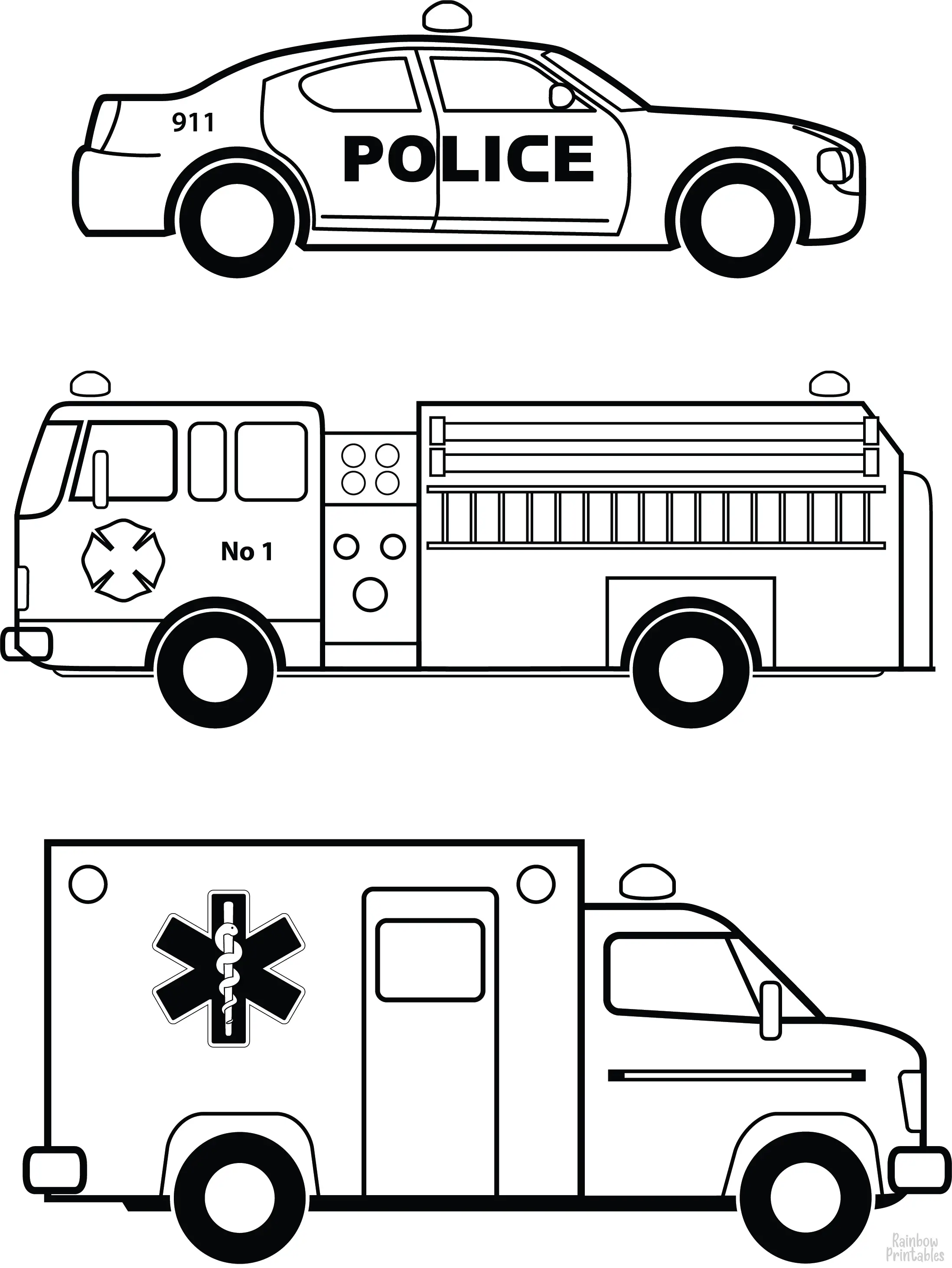 Cop Car, FIre Truck, Medic 911 Ambulance Cartoon Line Drawing Anatomy Health Medical Activity For Kids Freebie