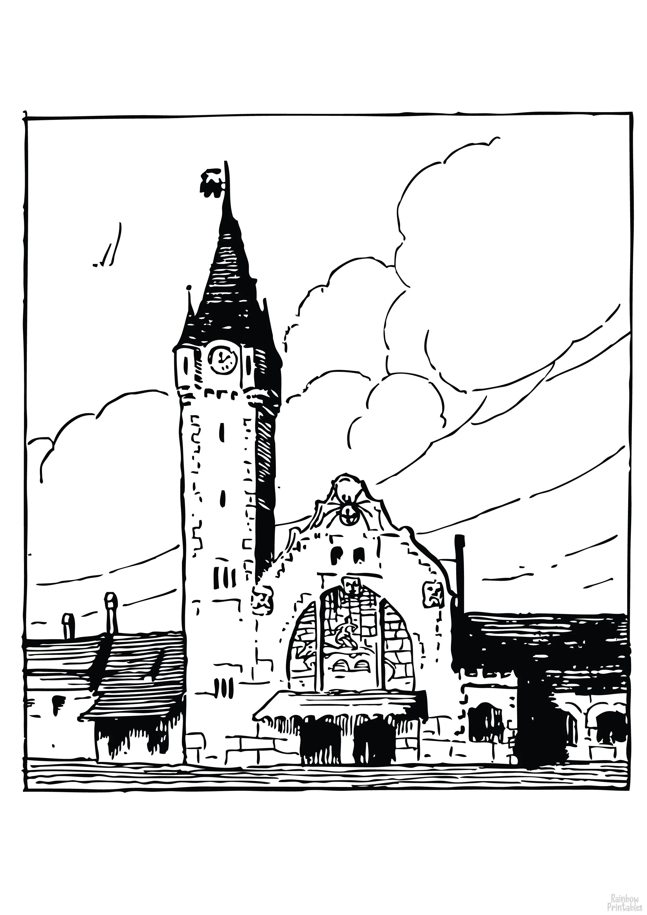 Colmar Railroad Station Watercolor Coloring Pages for Kids Adults Art Activities Line Art-07