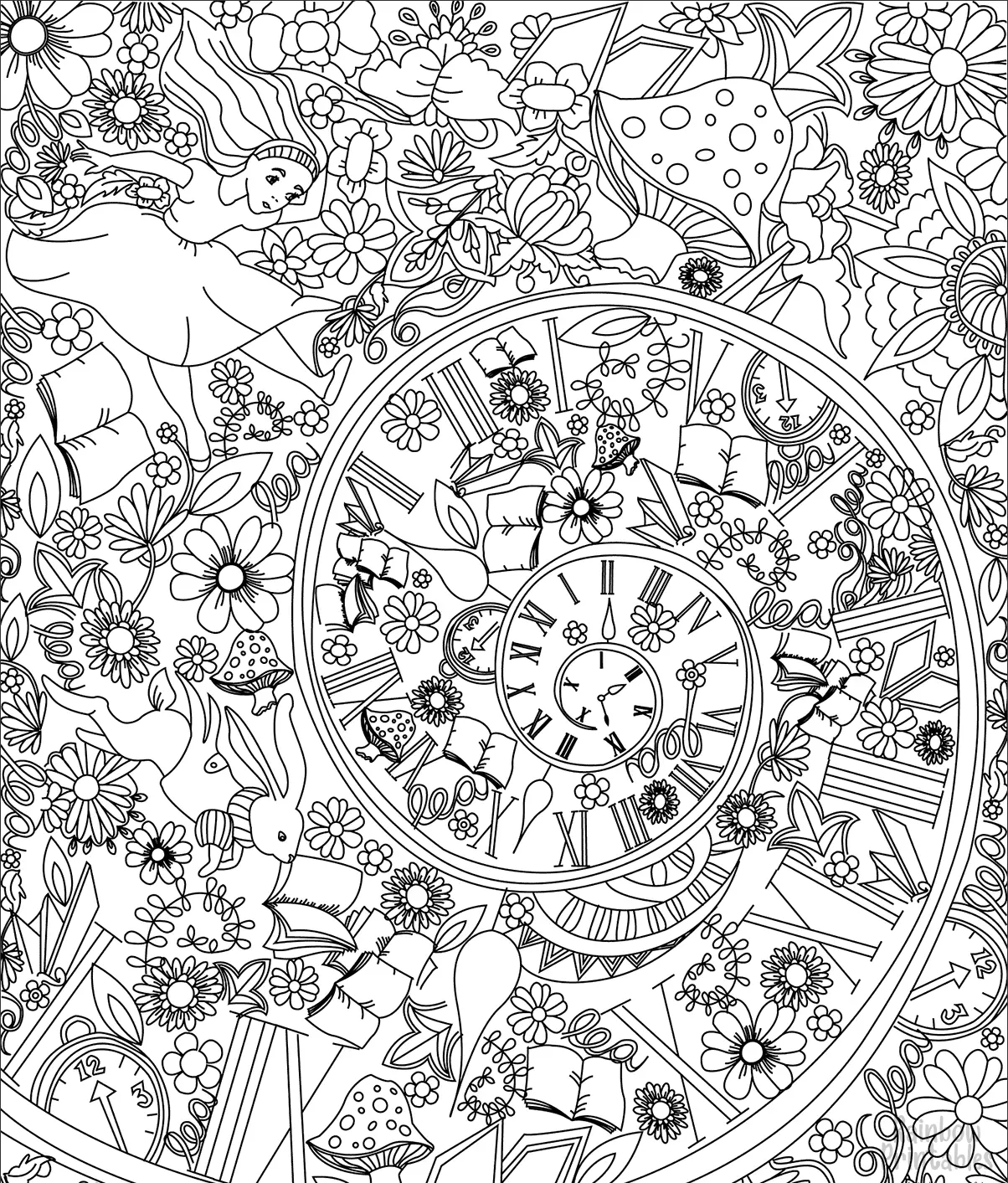 ABSTRACT Alice in Wonderland Time Down the Rabbit Hole Mandala Coloring Pages for Kids Adults Boredom Art Activities Line Art