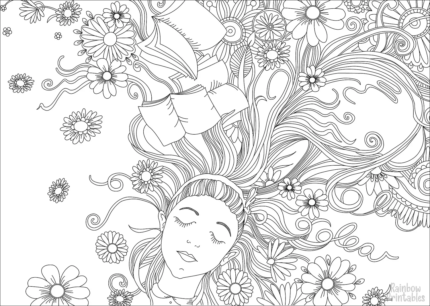ABSTRACT Alice in Wonderland Book Hair Beautiful Mandala Coloring Pages for Kids Adults Boredom Art Activities Line Art