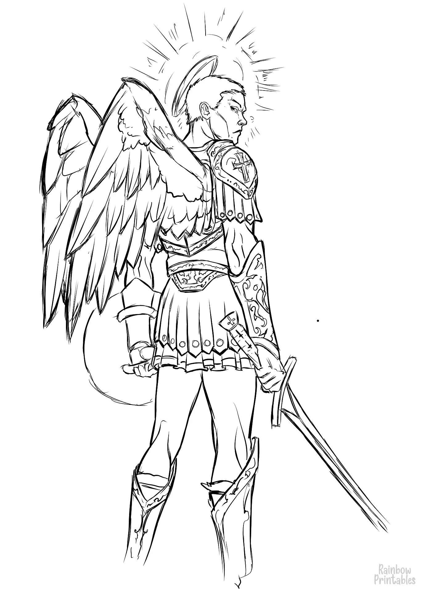 SIMPLE-EASY-line-drawings-Angel-Michael-Wings-Sword-and-Clouds-coloring-page-for-kids