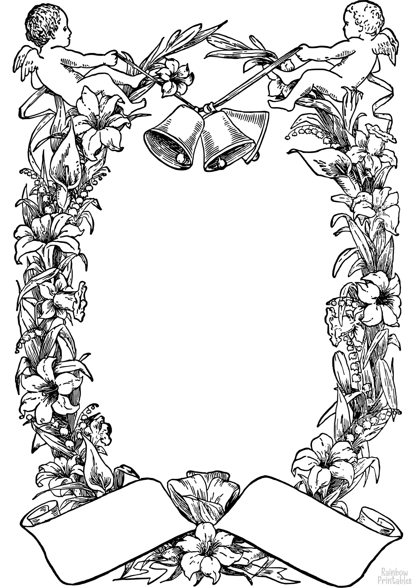 angels-and-bells-border-paper-craft-Free Clipart Coloring Pages for Kids Adults Art Activities Line Art