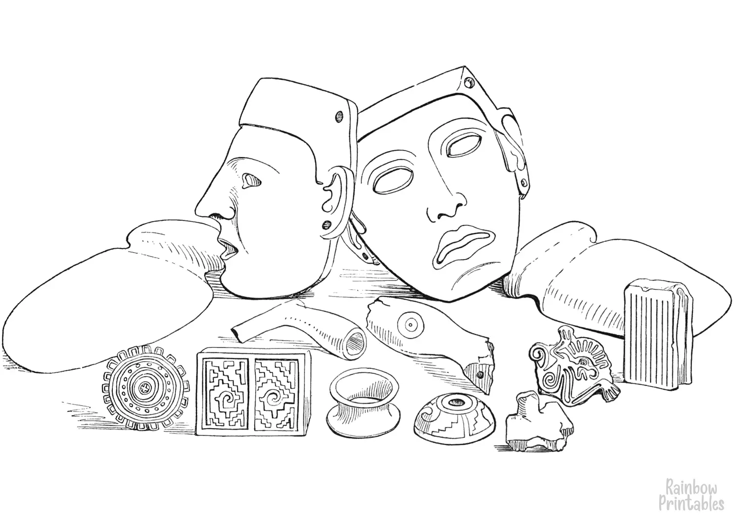 cartoon-line-art-world-cultures-aztec-masks-jewelry-coloring-page-for-kids