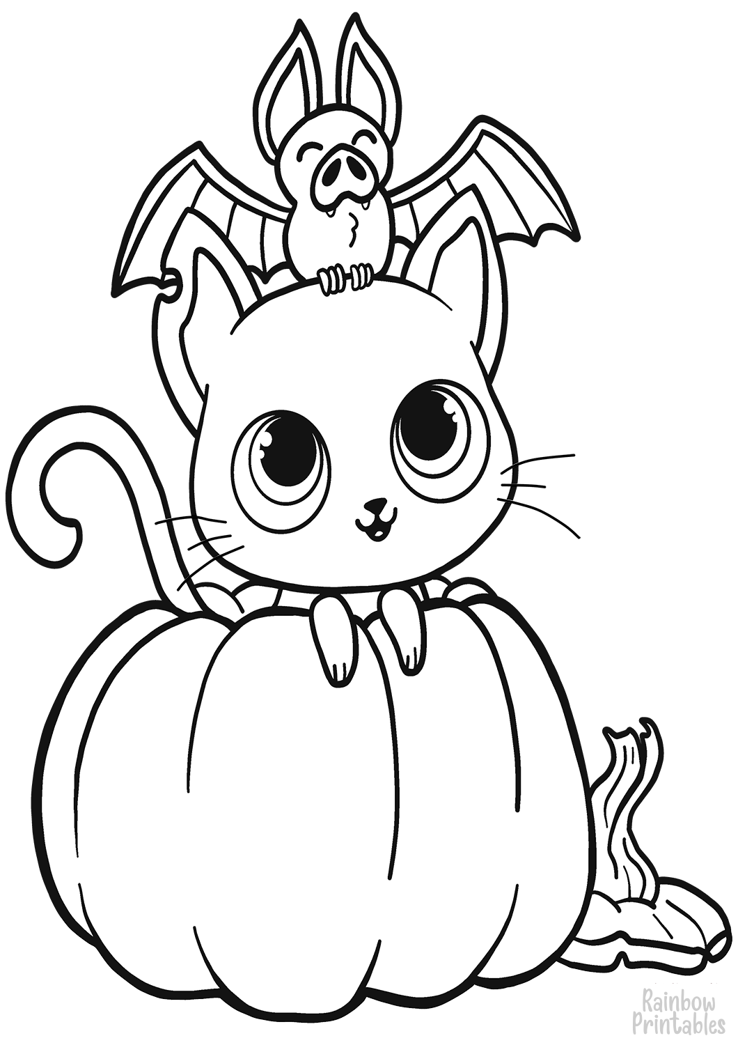 Cute Cat and Bat with Pumpkin Halloween Line Art Drawing Set Free Activity Coloring Pages for Kids-02