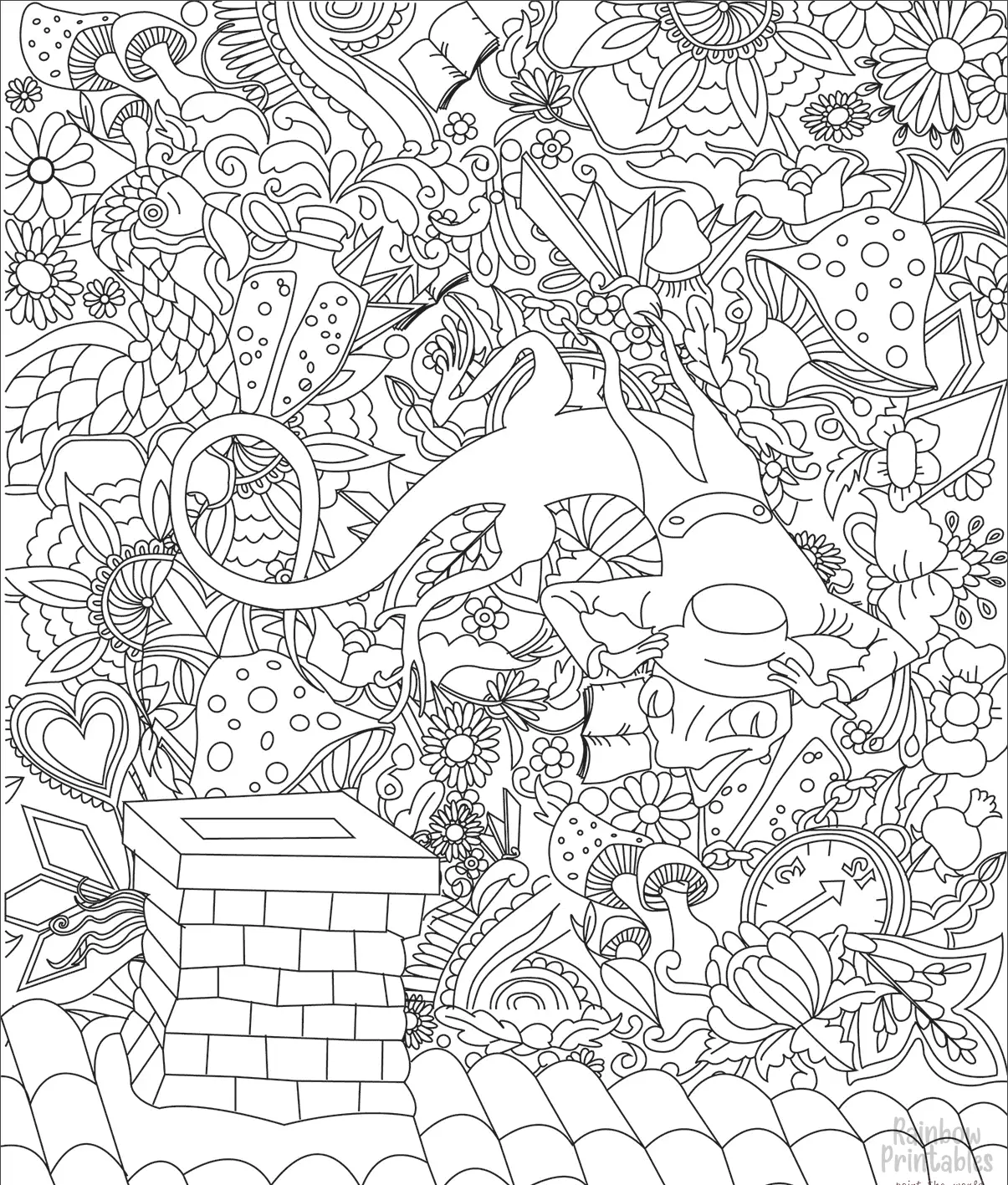 ABSTRACT Alice in Wonderland Lizard Chimney Beautiful Mandala Coloring Pages for Kids Adults Boredom Art Activities Line Art