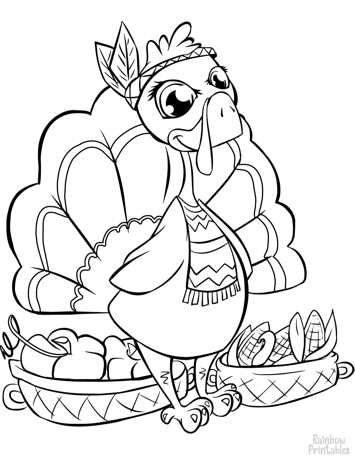 BASKET CARTOON CUTE INDIAN TURKEY ANIMAL Clipart Coloring Pages for Kids Adults Art Activities Line Art