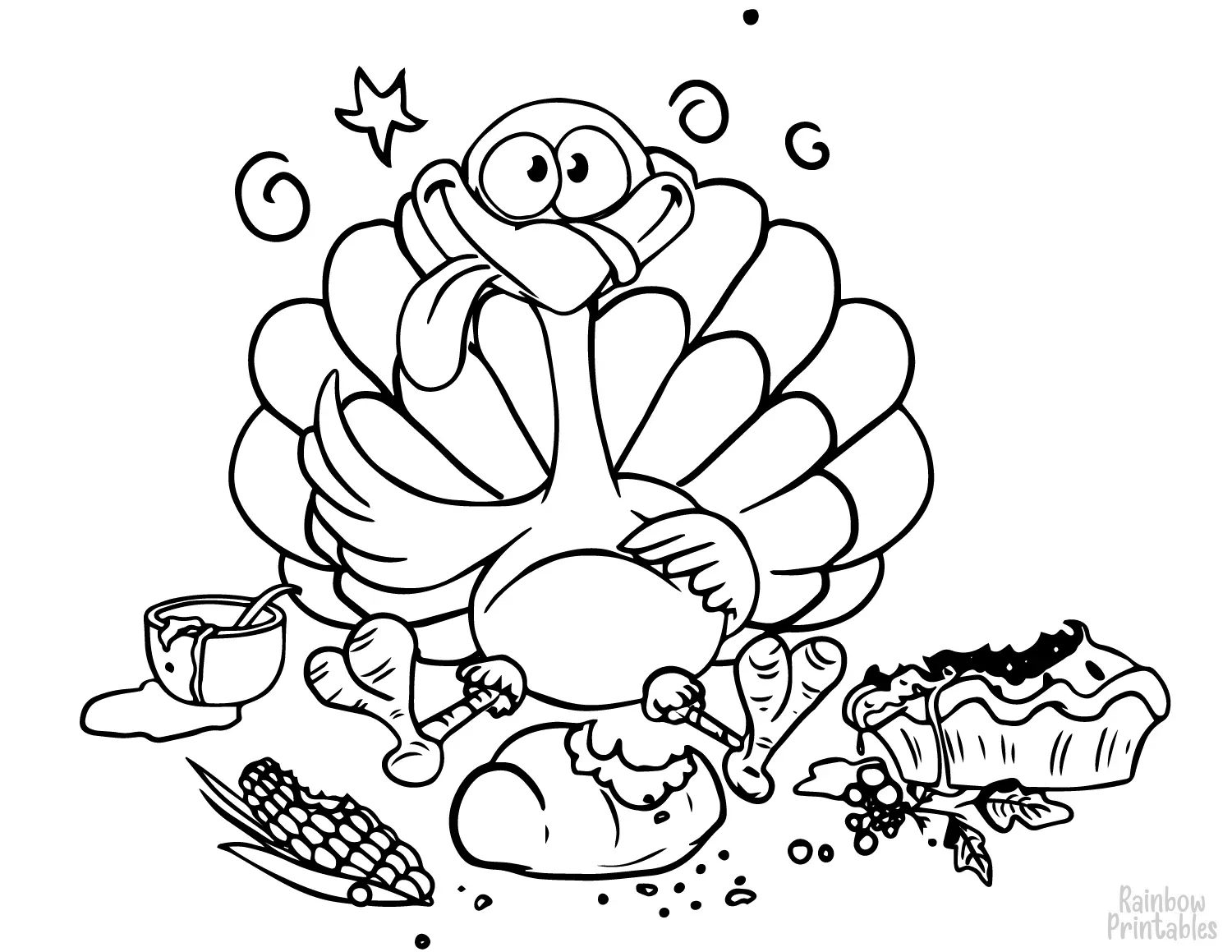 TURKEY FULL OF THANKSGIVING FOOD BUFFET CORN PIE STUFFED Clipart Coloring Pages for Kids Adults Art Activities Line Art