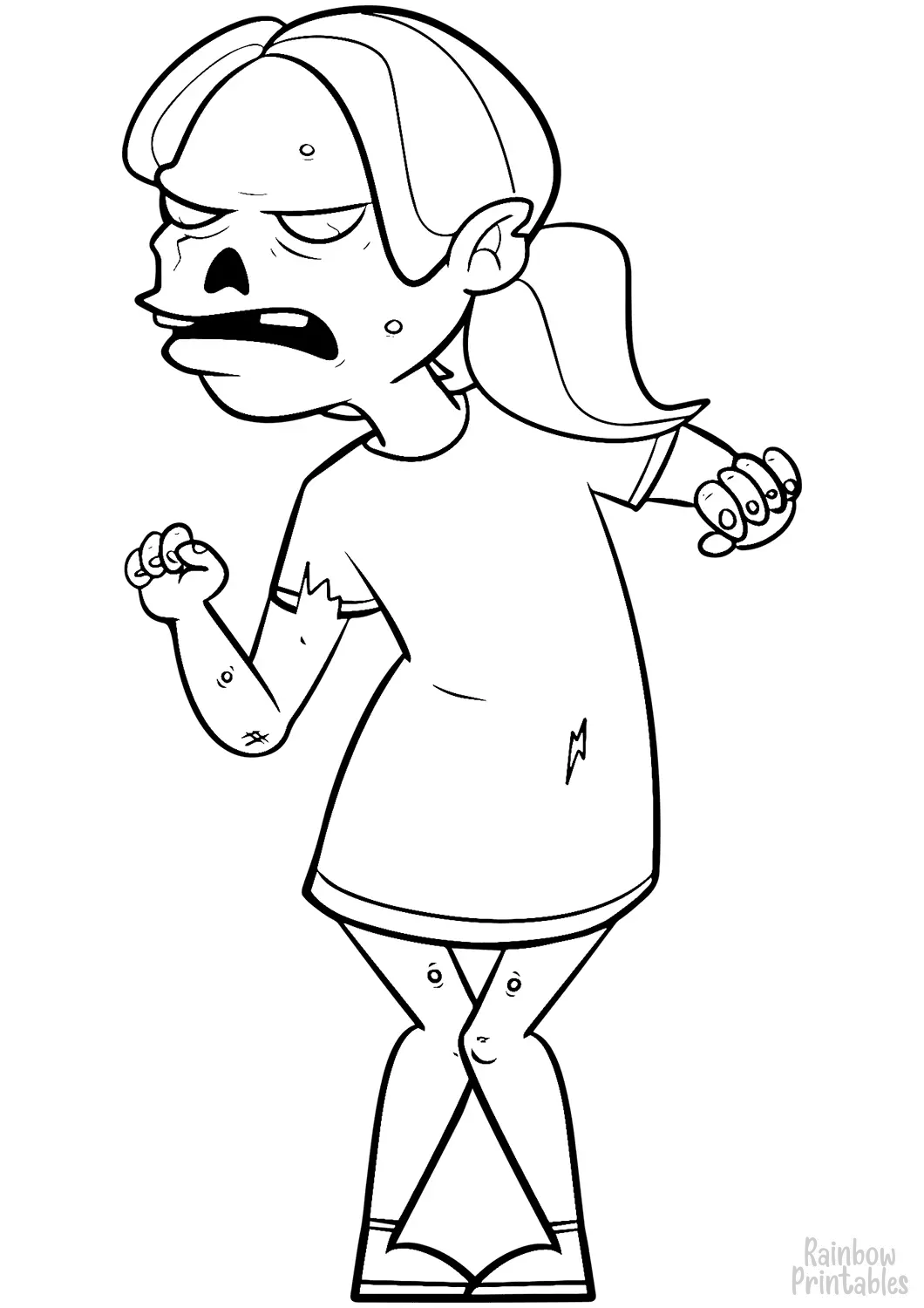 Scary Line Drawing Art Halloween Cartoon frightened-running-zombie-monster-coloring-page for Kids