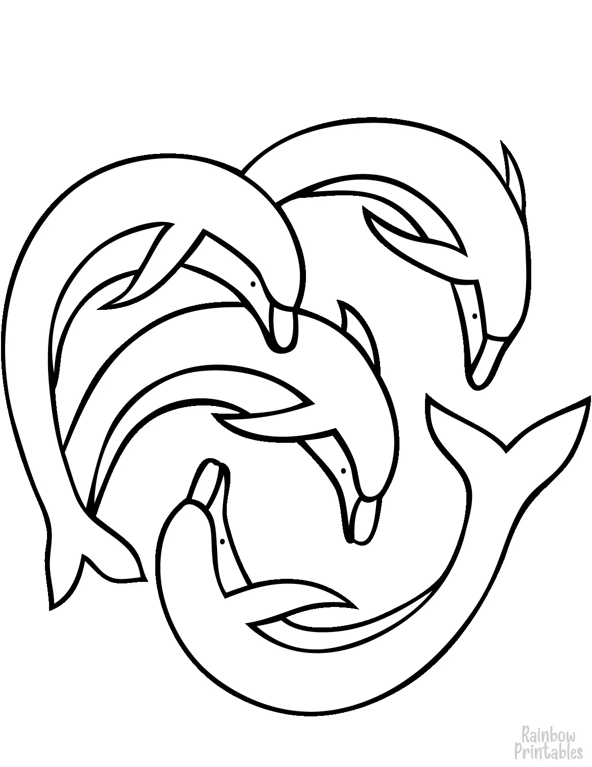 SIMPLE-EASY-line-drawings-FOUR SWIMMIING DOLPHINS-coloring-page-for-kids