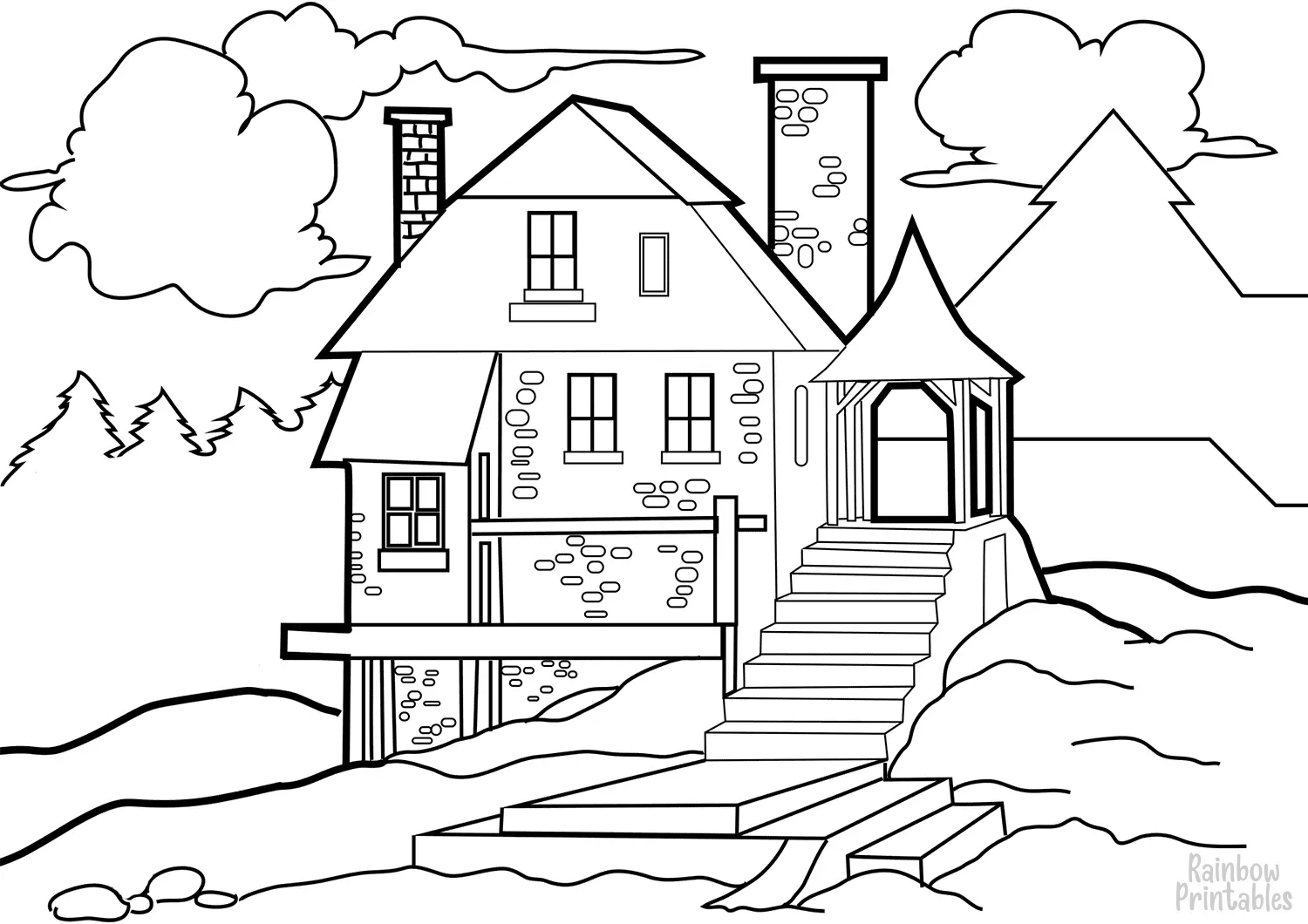 Coloring-Activity-house-in-the-wilderness-coloring-page for Kids
