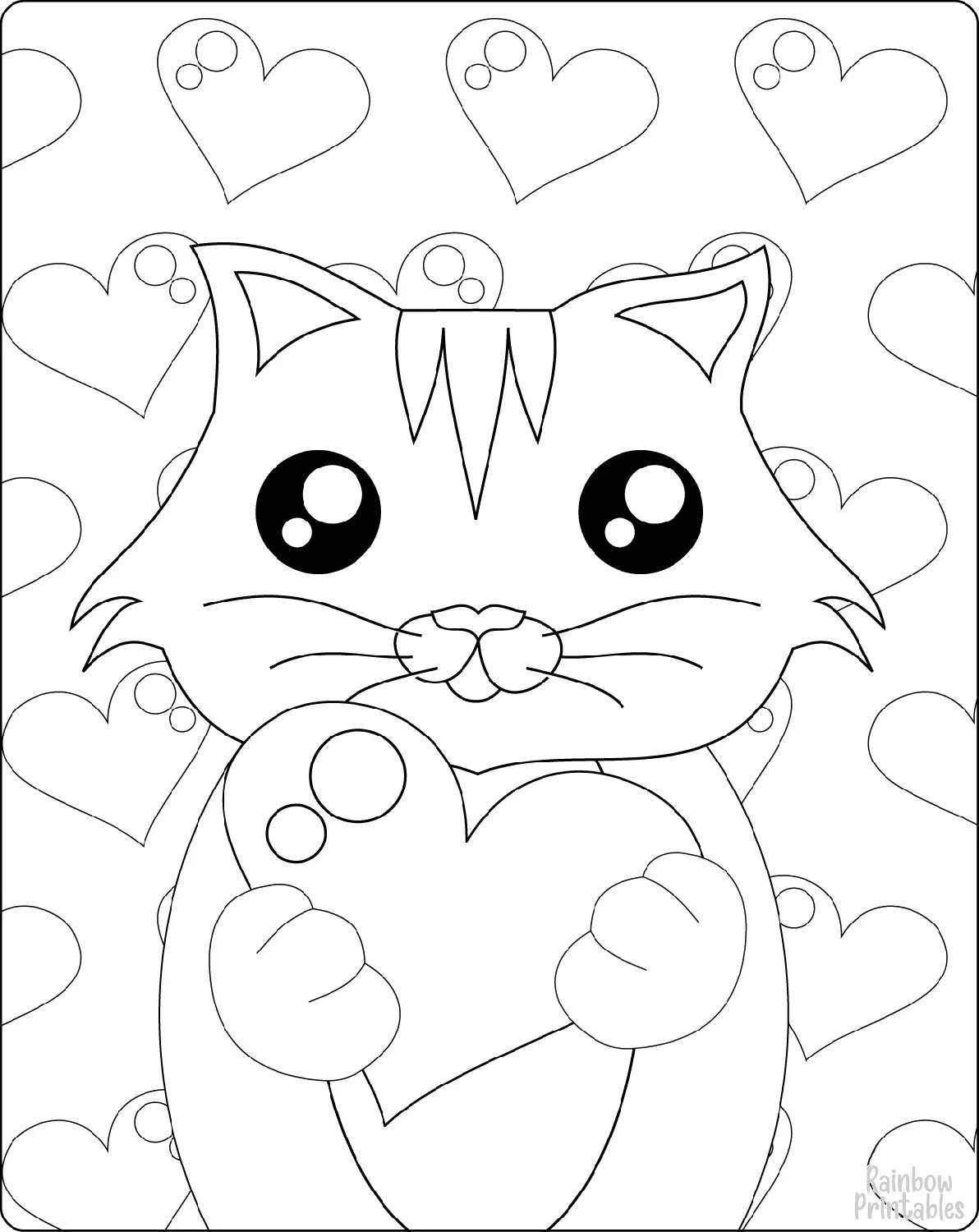 Valentine DAY KITTY CAT HOLDING HEART SHAPE Clipart Coloring Pages for Kids Adults Art Activities Line Art-15