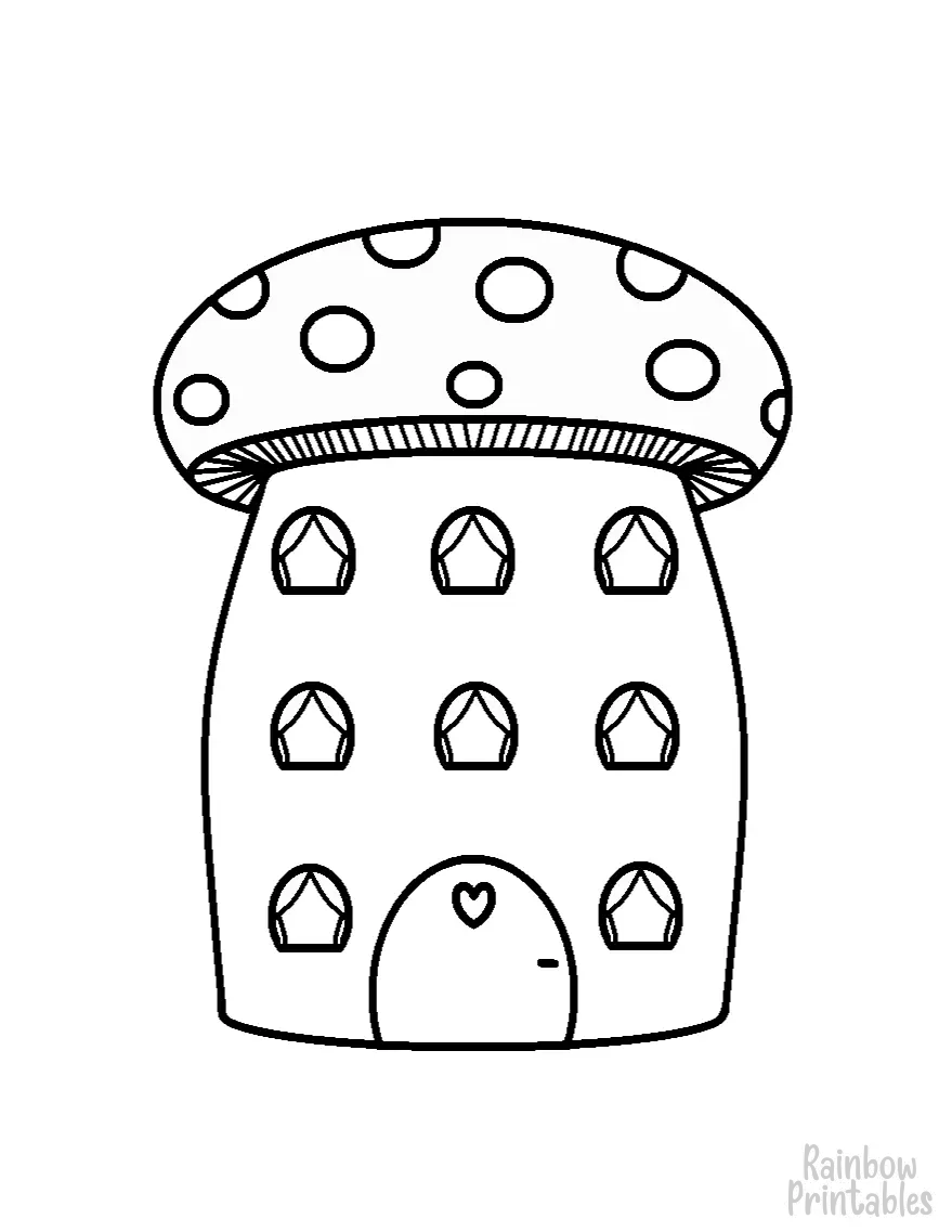 Whimsical Line Drawing Mushroom Cartoon Fantasy House Coloring Pages for Kids