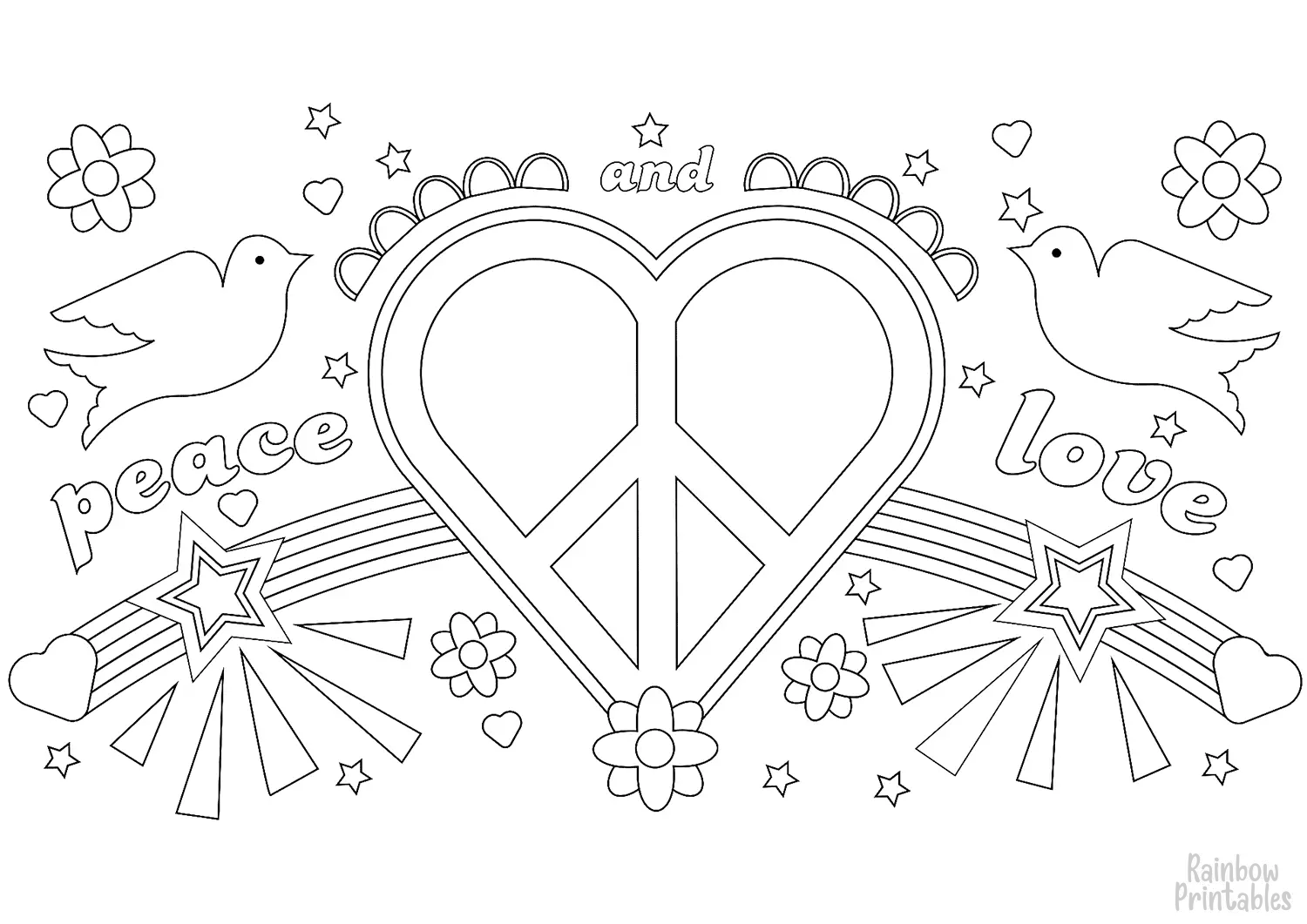 Valentine DAY HEART SHAPE PEACE LOVE BIRD HIPPIE Line Art Clipart Coloring Pages for Kids Adults Art Activities Line Art-15