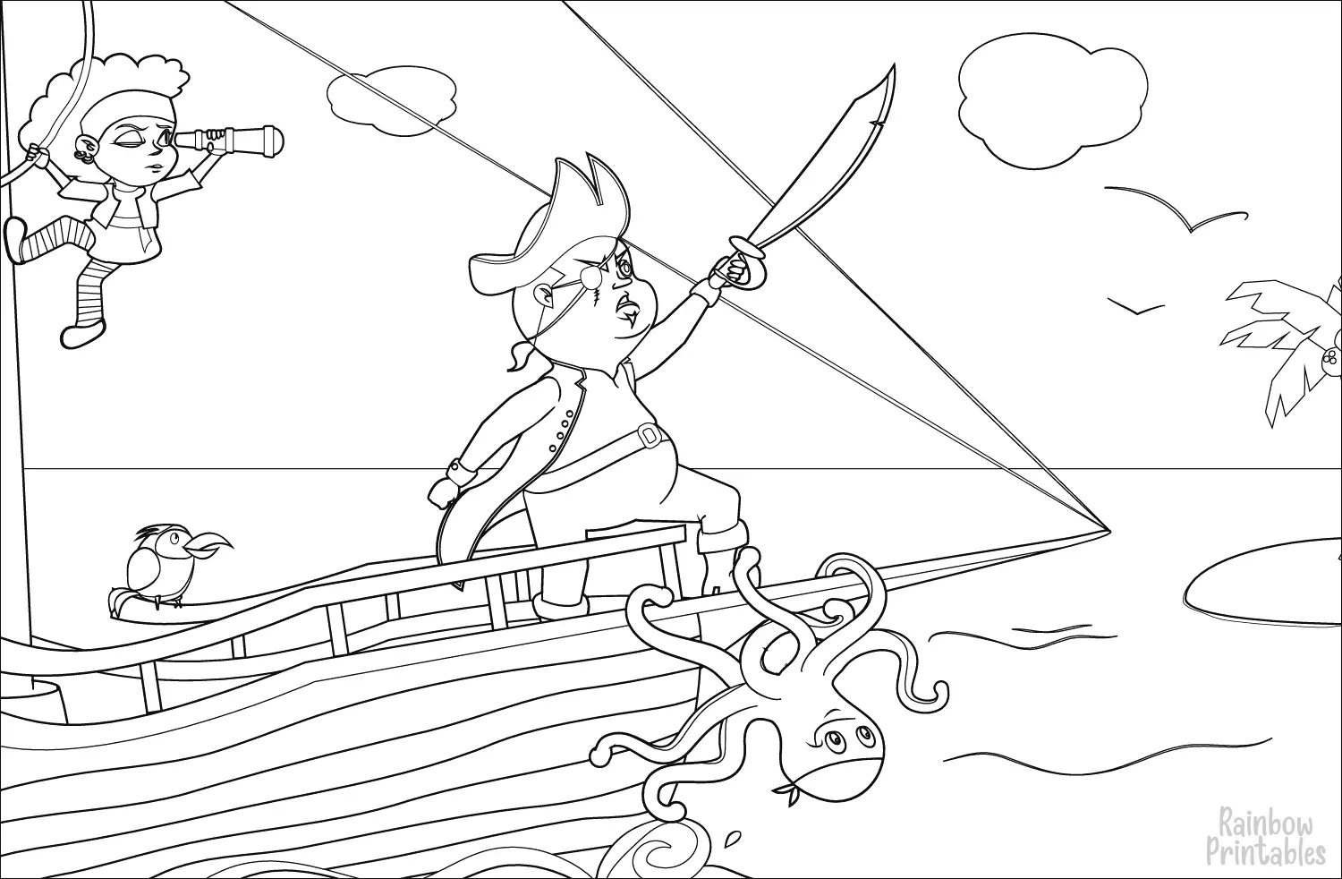PIRATE-BOAT-Sea-animals-scene-cartoon-Free Clipart Coloring Pages for Kids Adults Art Activities Line Art
